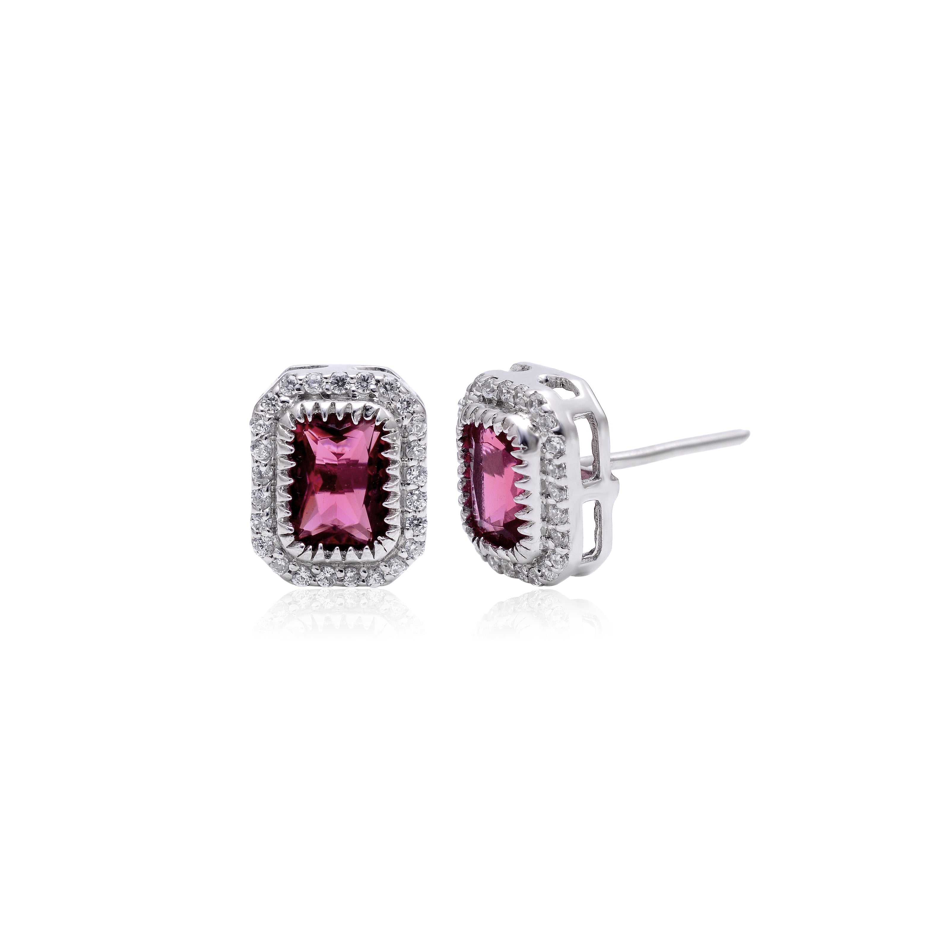 925 Sterling Silver Pink Tourmaline Halo Stud Earrings for Women | Emerald Cut Gemstone Earrings | Sparkling CZ Diamond Accent Earrings | Elegant Everyday Jewelry Gift