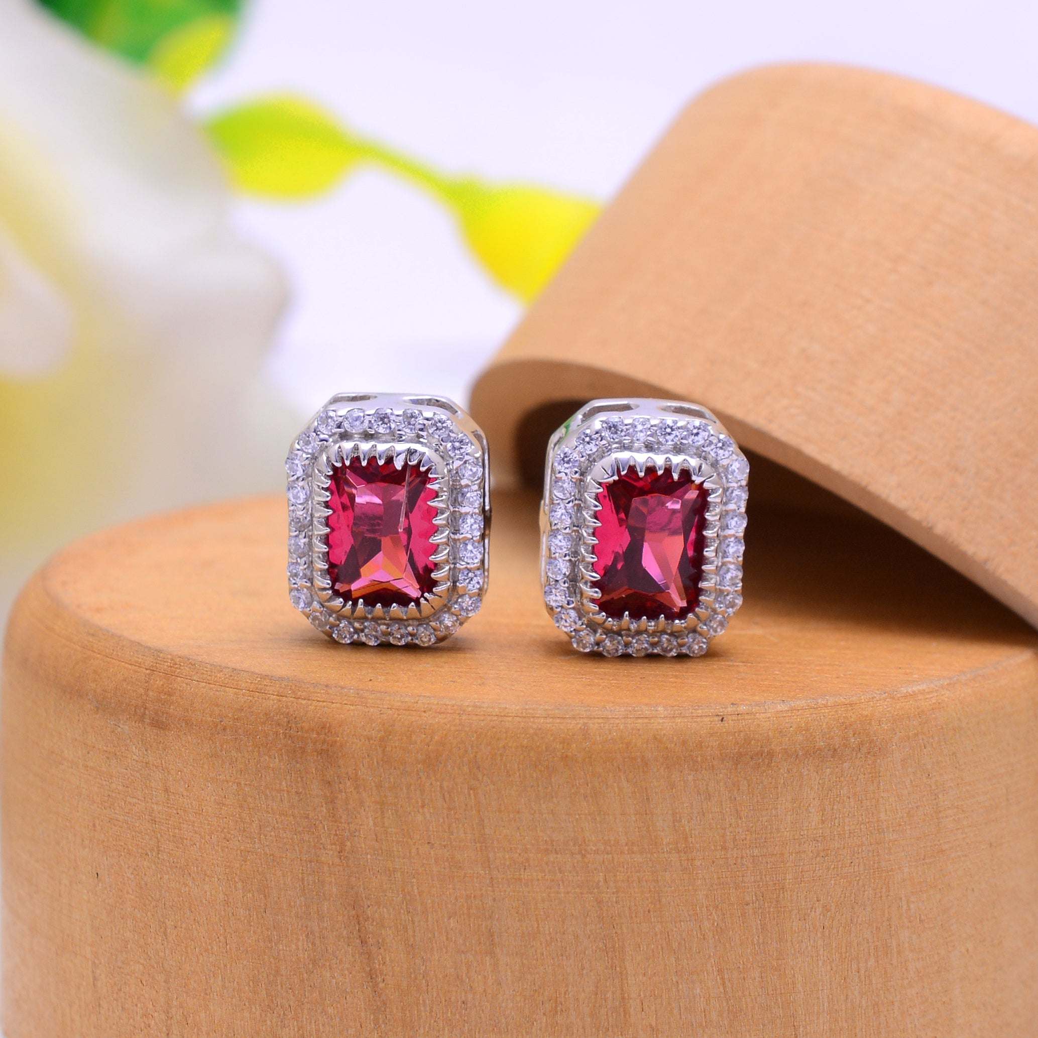 925 Sterling Silver Pink Tourmaline Halo Stud Earrings for Women | Emerald Cut Gemstone Earrings | Sparkling CZ Diamond Accent Earrings | Elegant Everyday Jewelry Gift