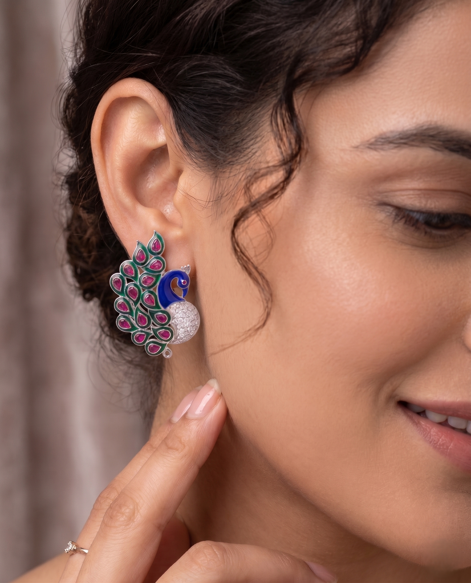 925 Sterling Silver Peacock Earrings for Women | Ruby Pink CZ & Enamel Designer Stud Earrings | Traditional Peacock Jewelry