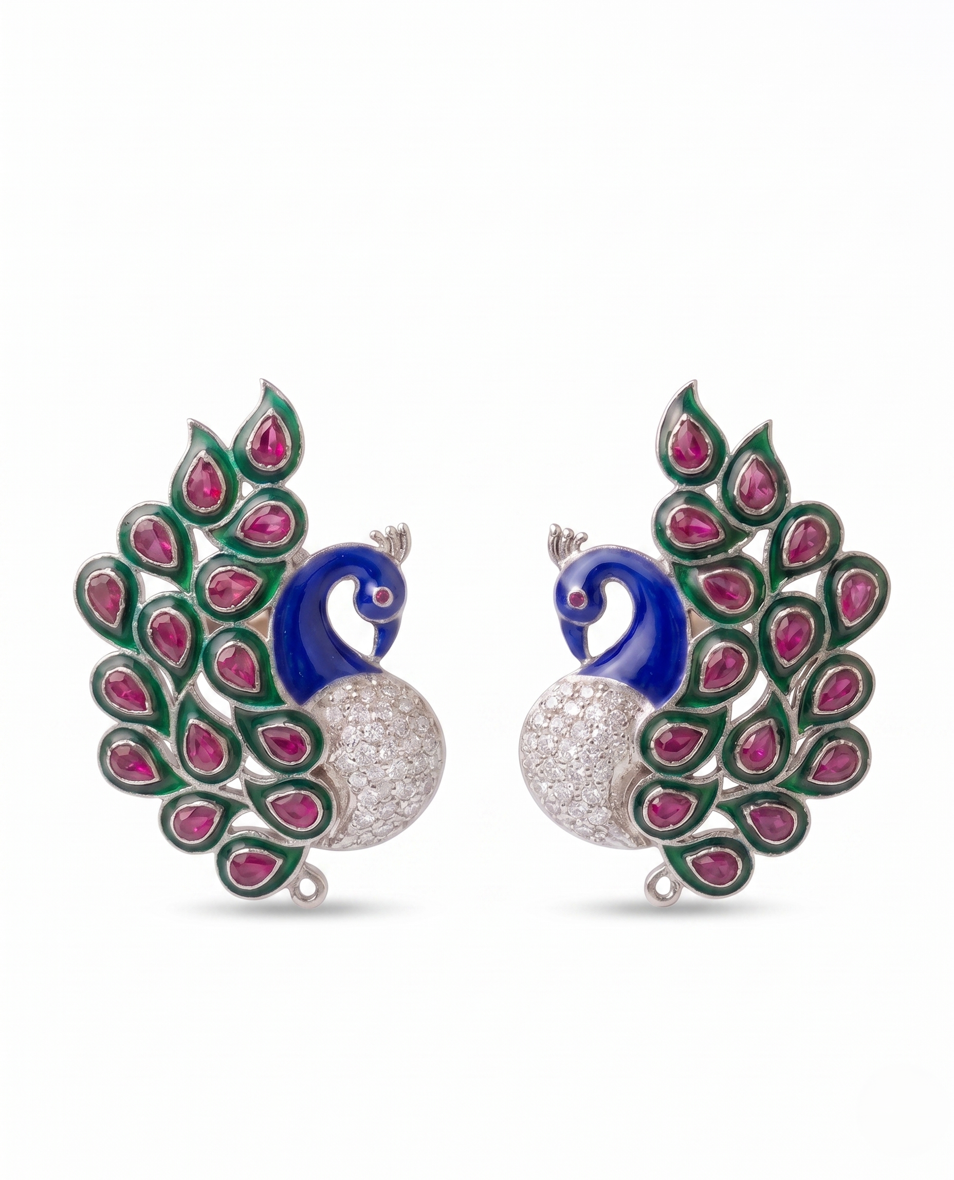 925 Sterling Silver Peacock Earrings for Women | Ruby Pink CZ & Enamel Designer Stud Earrings | Traditional Peacock Jewelry