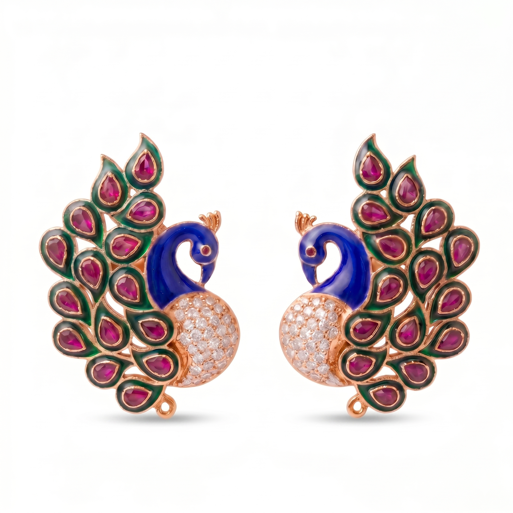 925 Sterling Silver Peacock Earrings for Women | Ruby Pink CZ & Enamel Designer Stud Earrings | Traditional Peacock Jewelry
