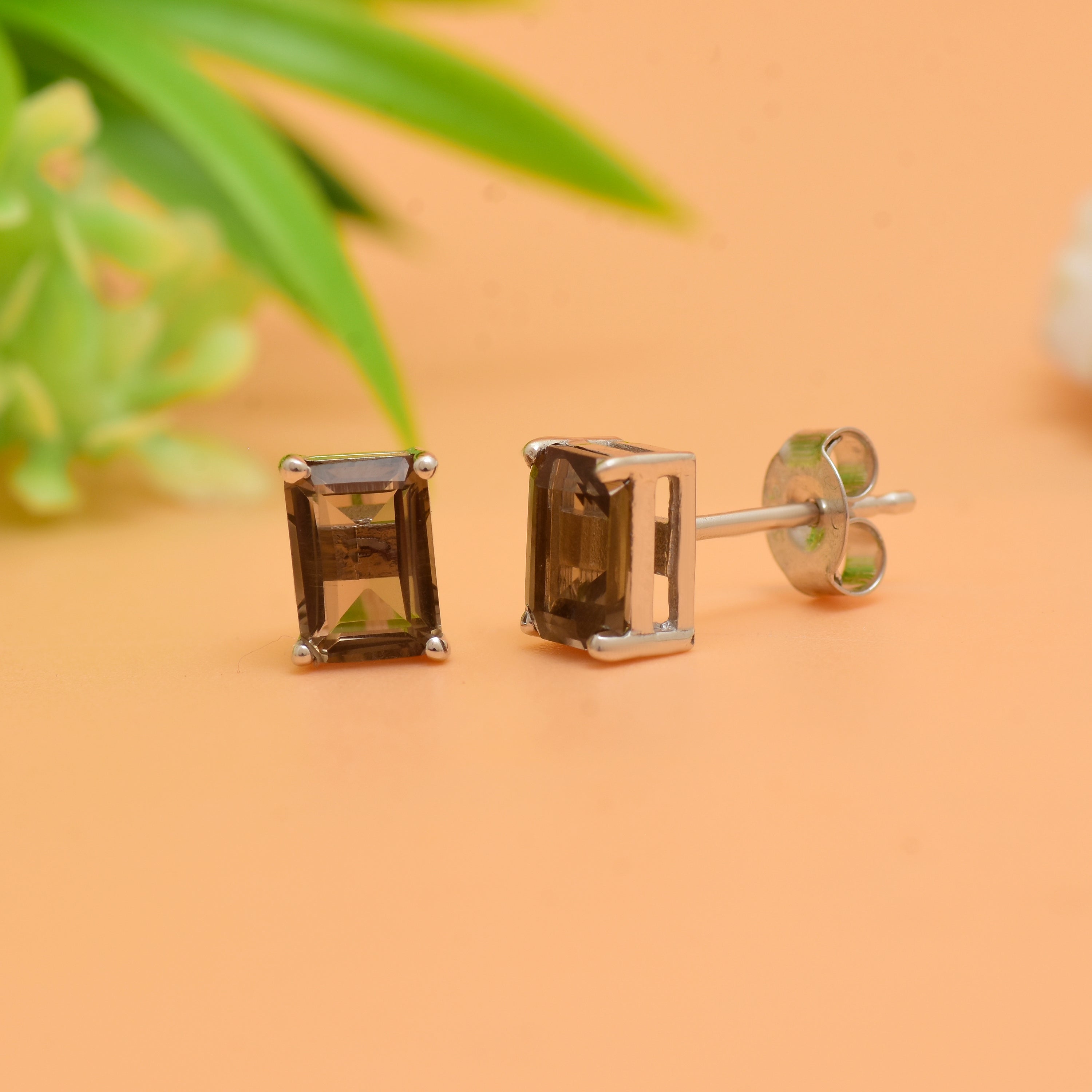 1.9 Ct Natural Smoky Quartz Stud Earrings for Women | Emerald Cut Gemstone Earrings | 925 Sterling Silver Earrings | Minimalist Everyday Jewelry