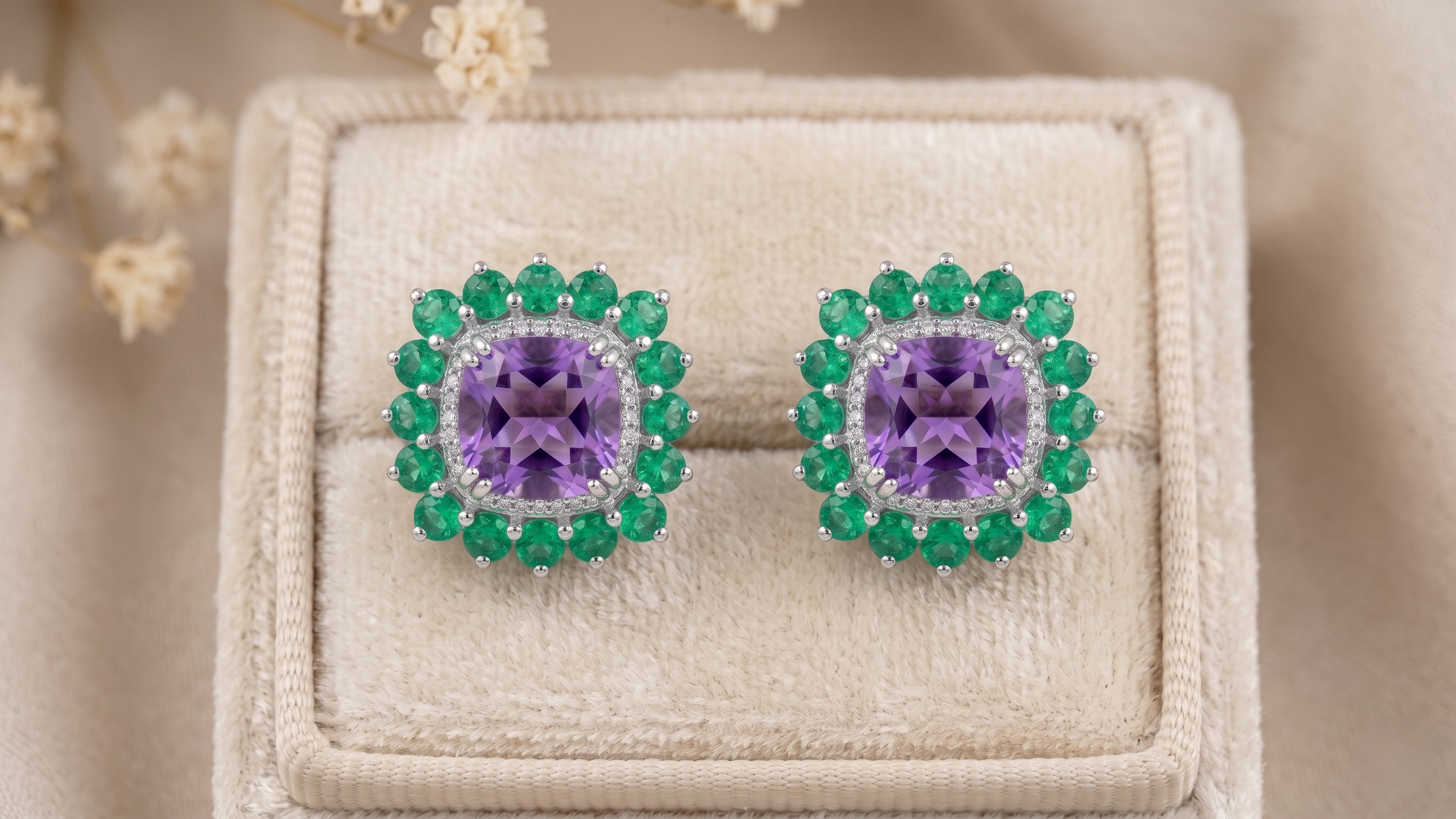 Natural Amethyst & Emerald Halo Stud Earrings in 925 Sterling Silver | Cushion Cut Gemstone Earrings | Fine Jewelry Gift for Women | Gift for Her Mom