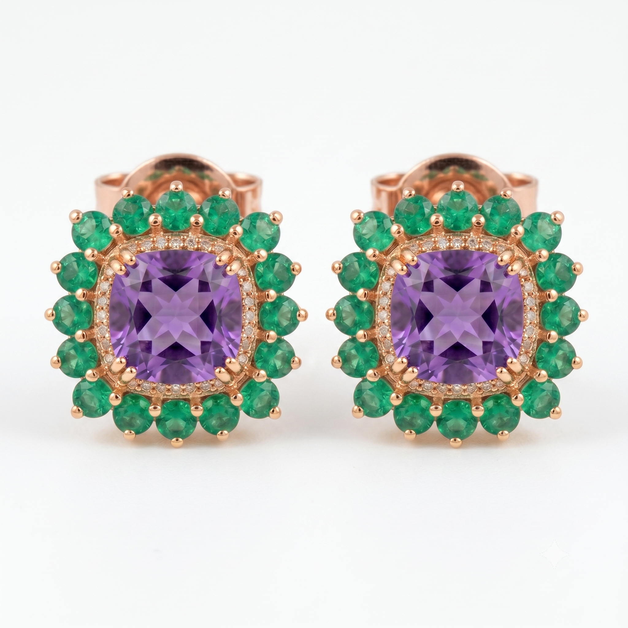 Natural Amethyst & Emerald Halo Stud Earrings in 925 Sterling Silver | Cushion Cut Gemstone Earrings | Fine Jewelry Gift for Women | Gift for Her Mom
