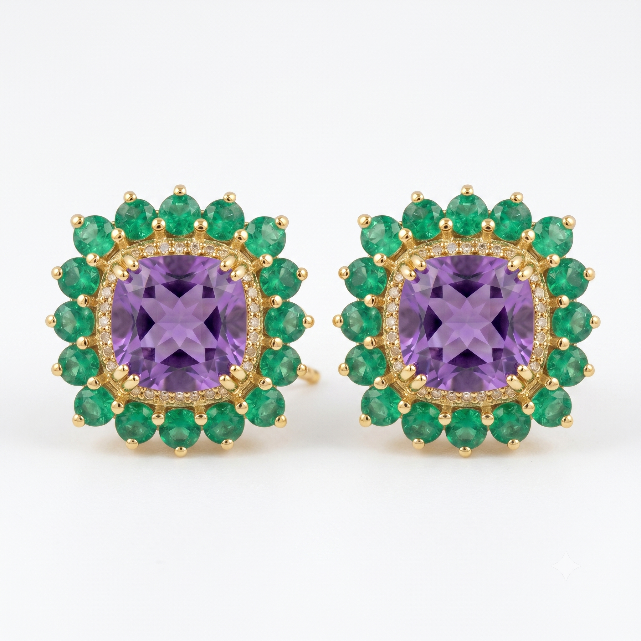Natural Amethyst & Emerald Halo Stud Earrings in 925 Sterling Silver | Cushion Cut Gemstone Earrings | Fine Jewelry Gift for Women | Gift for Her Mom