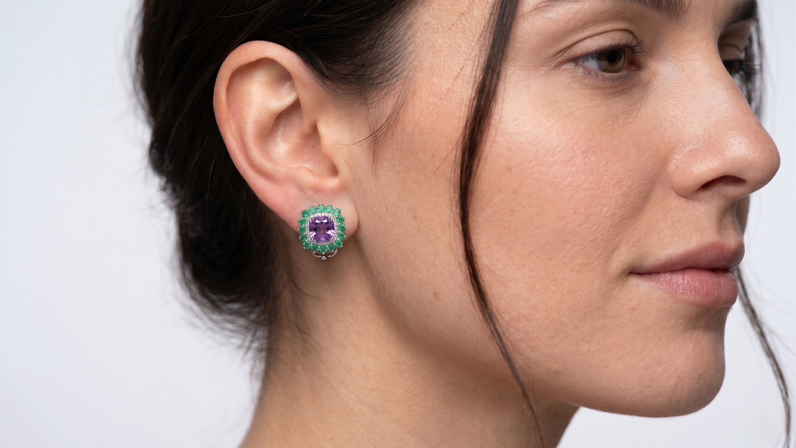 Natural Amethyst & Emerald Halo Stud Earrings in 925 Sterling Silver | Cushion Cut Gemstone Earrings | Fine Jewelry Gift for Women | Gift for Her Mom