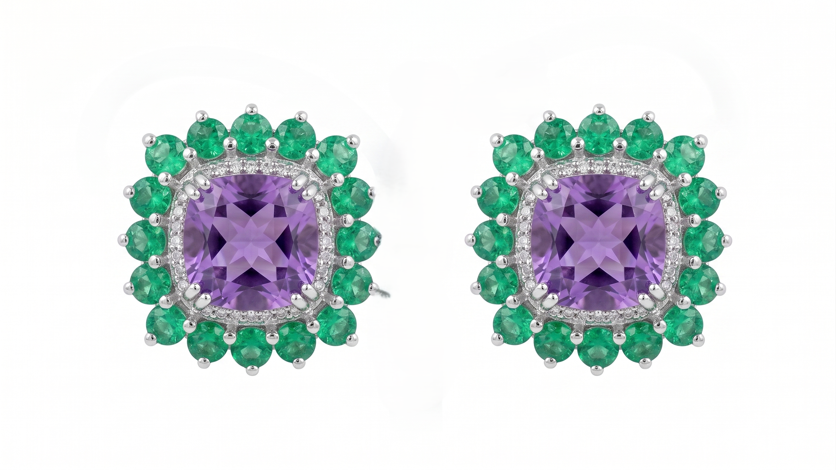 Natural Amethyst & Emerald Halo Stud Earrings in 925 Sterling Silver | Cushion Cut Gemstone Earrings | Fine Jewelry Gift for Women | Gift for Her Mom