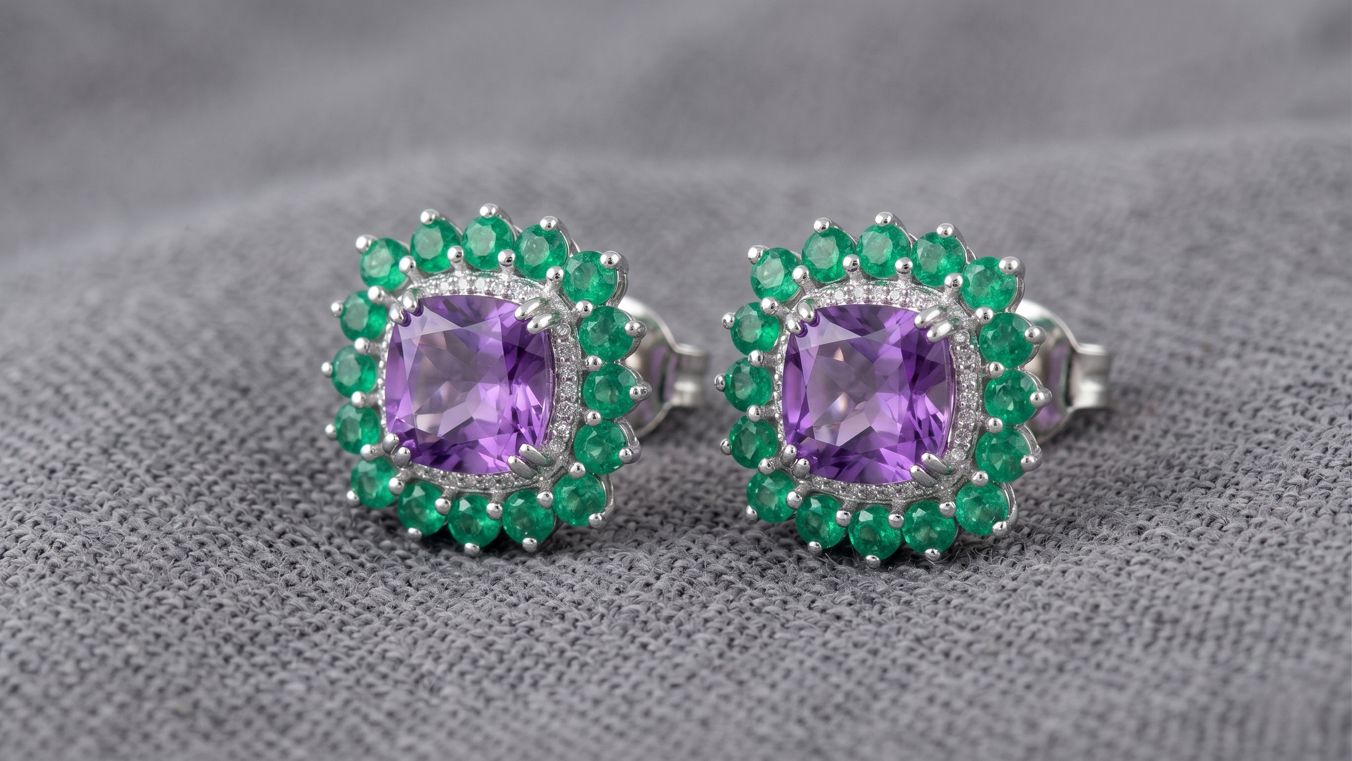 Natural Amethyst & Emerald Halo Stud Earrings in 925 Sterling Silver | Cushion Cut Gemstone Earrings | Fine Jewelry Gift for Women | Gift for Her Mom
