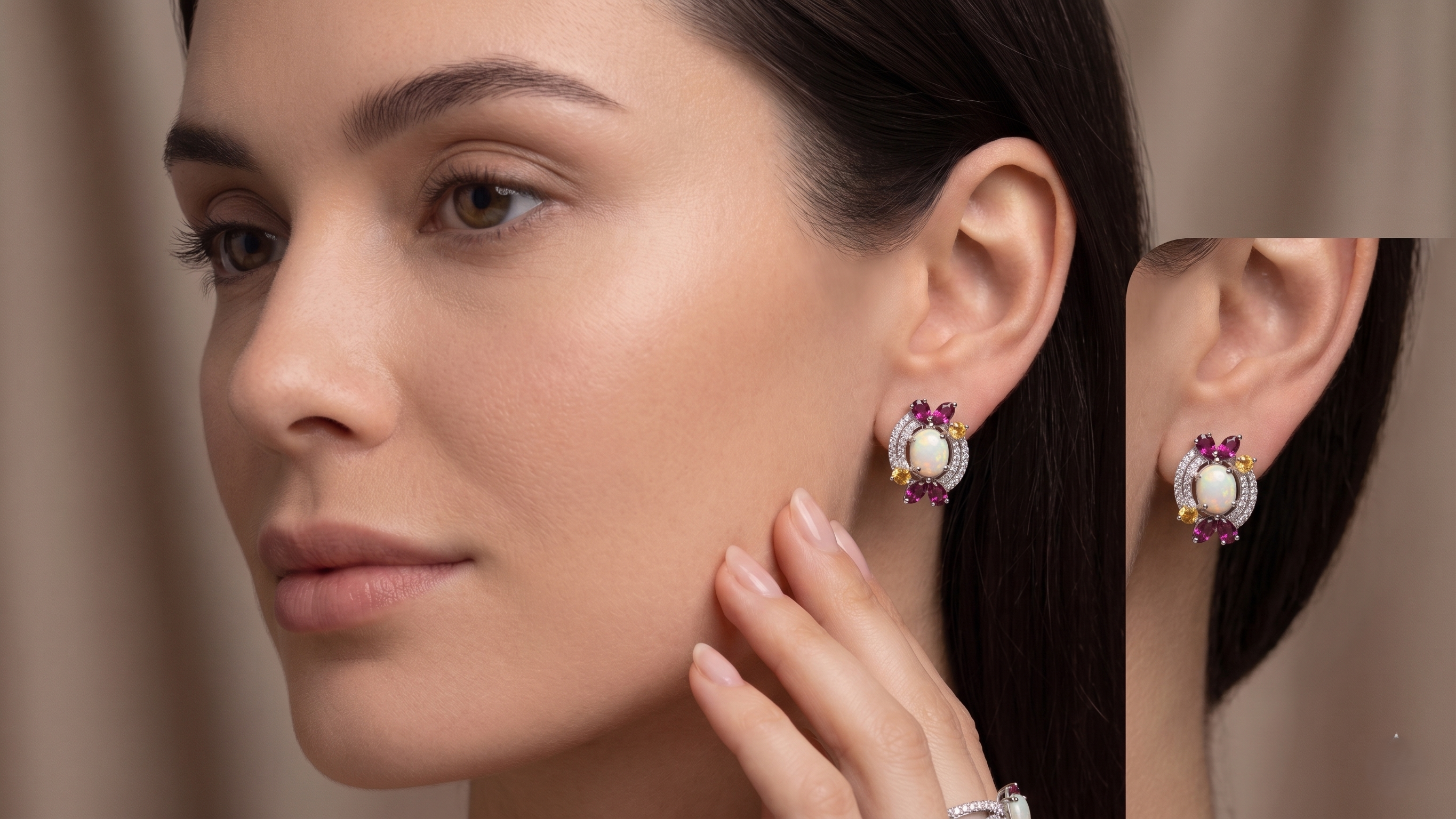 925 Sterling Silver Natural Ethiopian Opal, Rhodolite Garnet & Citrine Stud Earrings | Vintage Floral Gemstone Earrings | October Birthstone Jewelry | Wedding Earrings