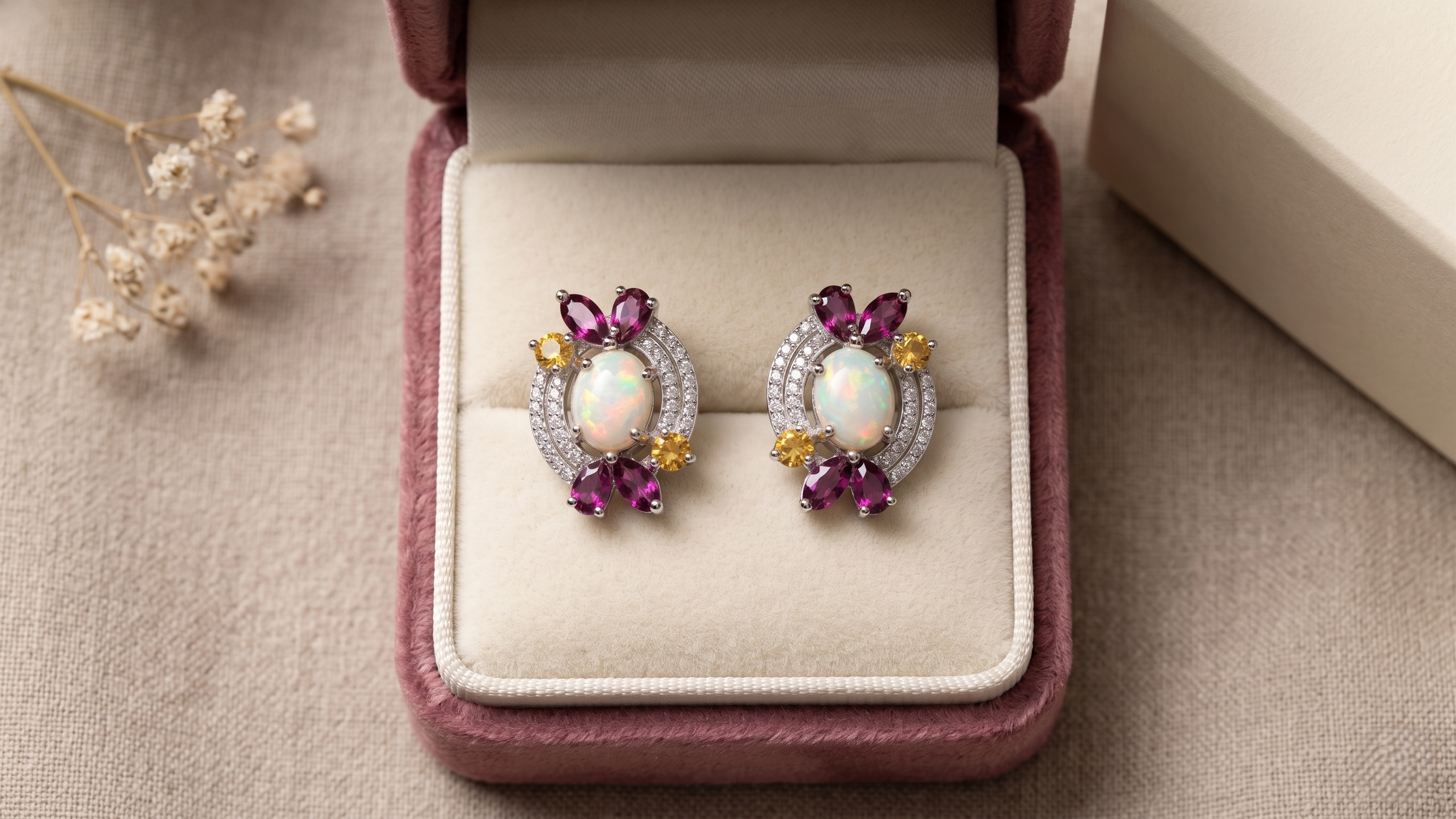 925 Sterling Silver Natural Ethiopian Opal, Rhodolite Garnet & Citrine Stud Earrings | Vintage Floral Gemstone Earrings | October Birthstone Jewelry | Wedding Earrings