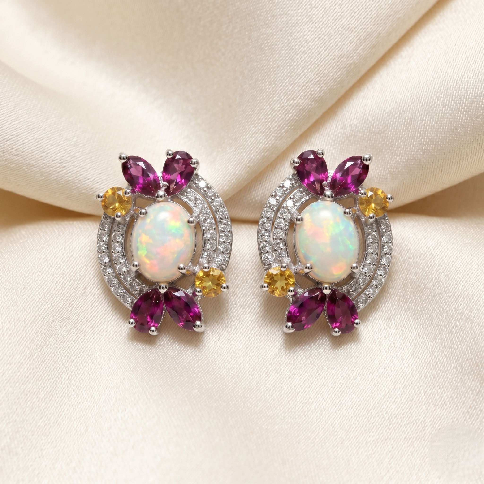 925 Sterling Silver Natural Ethiopian Opal, Rhodolite Garnet & Citrine Stud Earrings | Vintage Floral Gemstone Earrings | October Birthstone Jewelry | Wedding Earrings