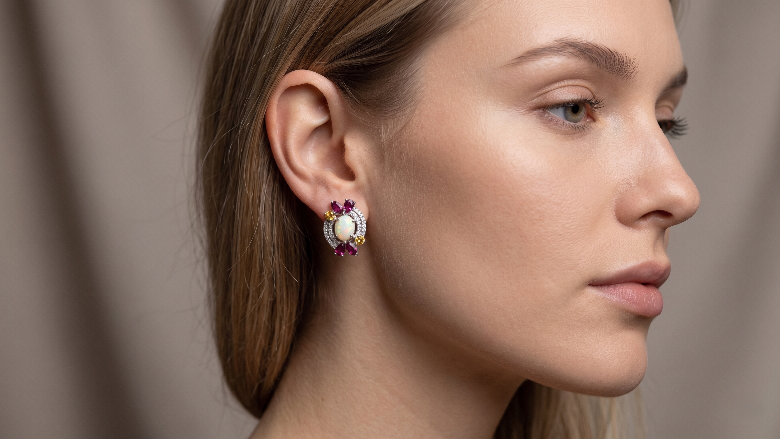 925 Sterling Silver Natural Ethiopian Opal, Rhodolite Garnet & Citrine Stud Earrings | Vintage Floral Gemstone Earrings | October Birthstone Jewelry | Wedding Earrings