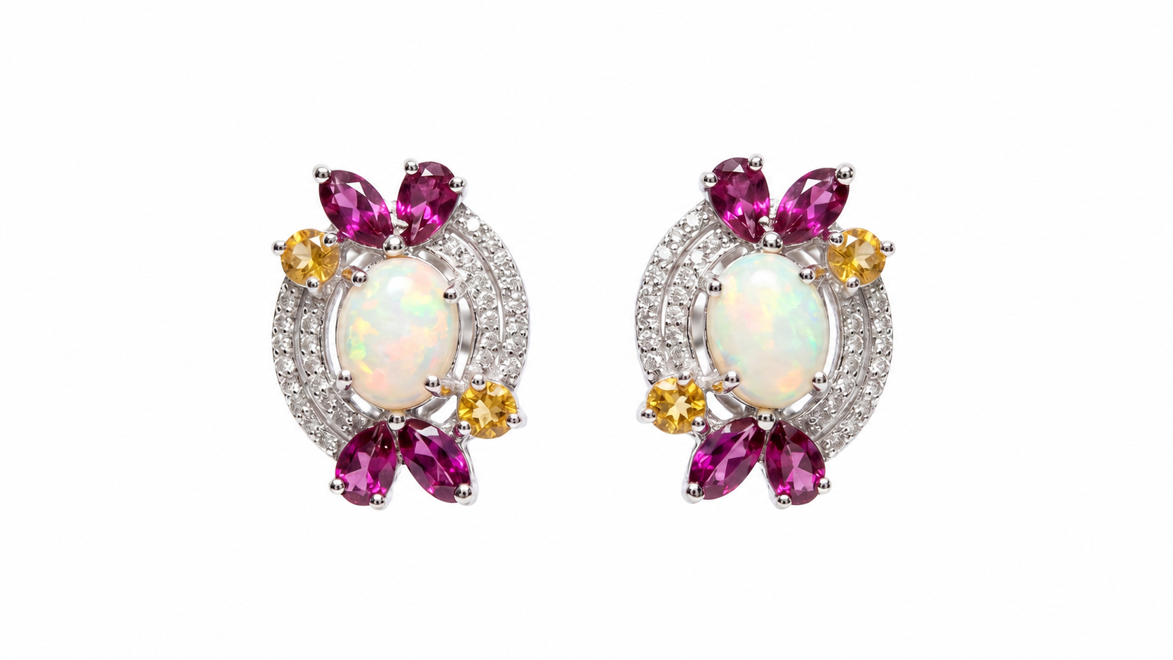 925 Sterling Silver Natural Ethiopian Opal, Rhodolite Garnet & Citrine Stud Earrings | Vintage Floral Gemstone Earrings | October Birthstone Jewelry | Wedding Earrings