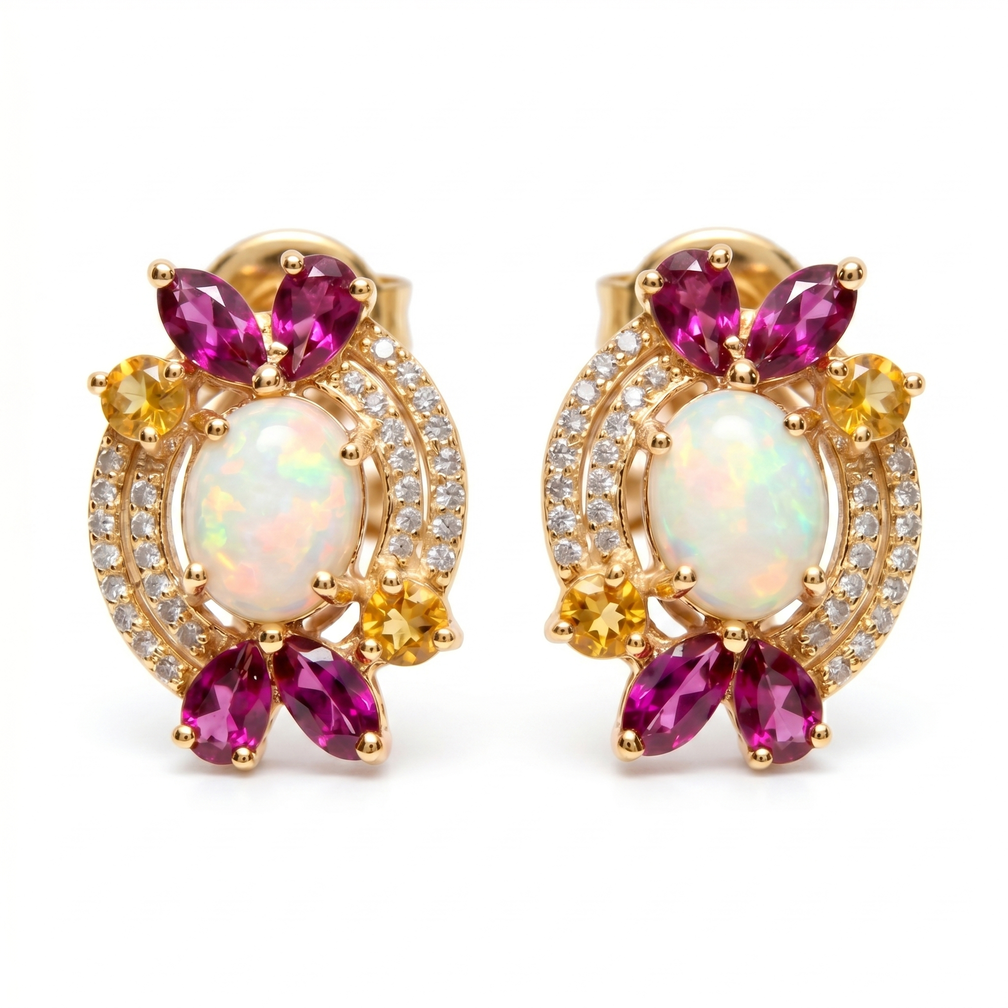 925 Sterling Silver Natural Ethiopian Opal, Rhodolite Garnet & Citrine Stud Earrings | Vintage Floral Gemstone Earrings | October Birthstone Jewelry | Wedding Earrings