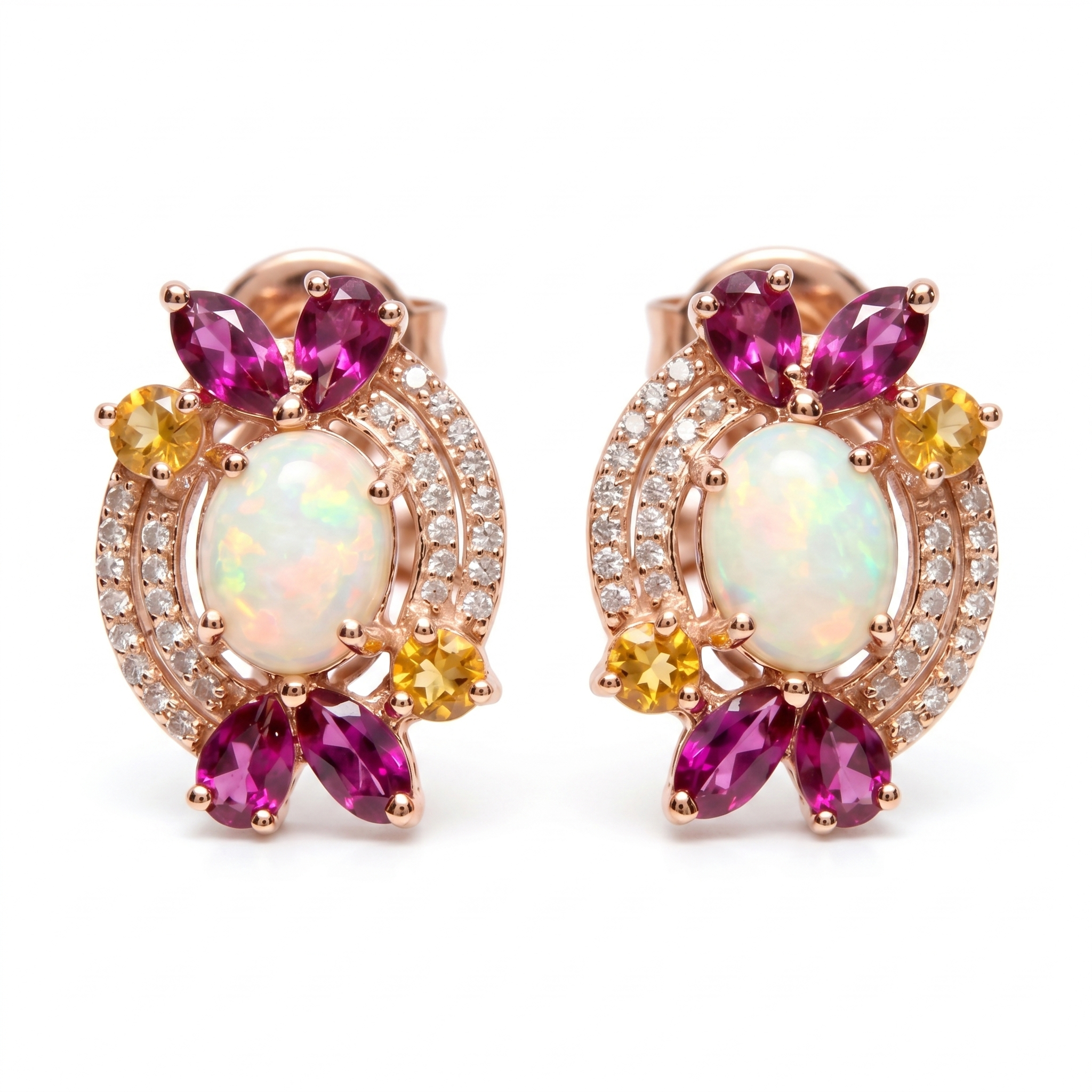 925 Sterling Silver Natural Ethiopian Opal, Rhodolite Garnet & Citrine Stud Earrings | Vintage Floral Gemstone Earrings | October Birthstone Jewelry | Wedding Earrings