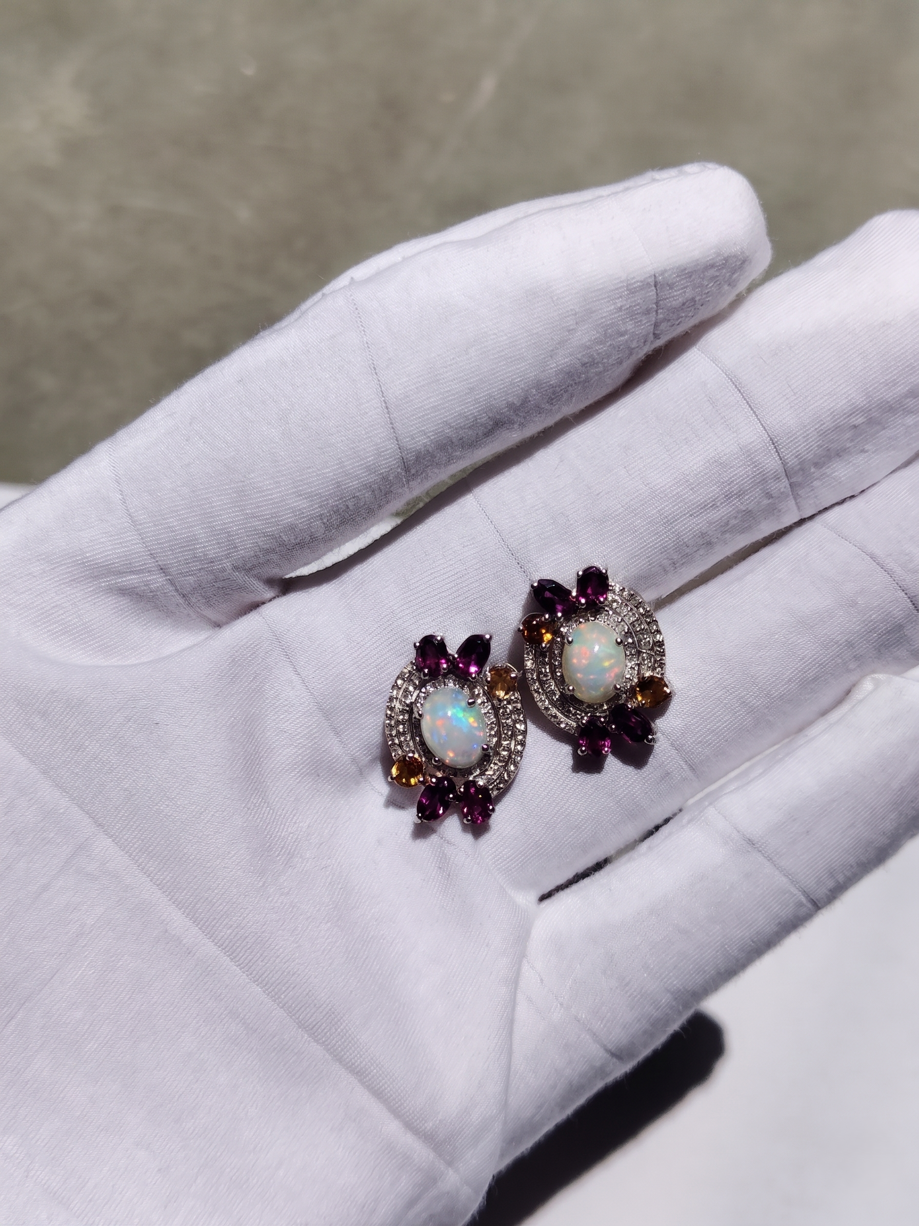 925 Sterling Silver Natural Ethiopian Opal, Rhodolite Garnet & Citrine Stud Earrings | Vintage Floral Gemstone Earrings | October Birthstone Jewelry | Wedding Earrings