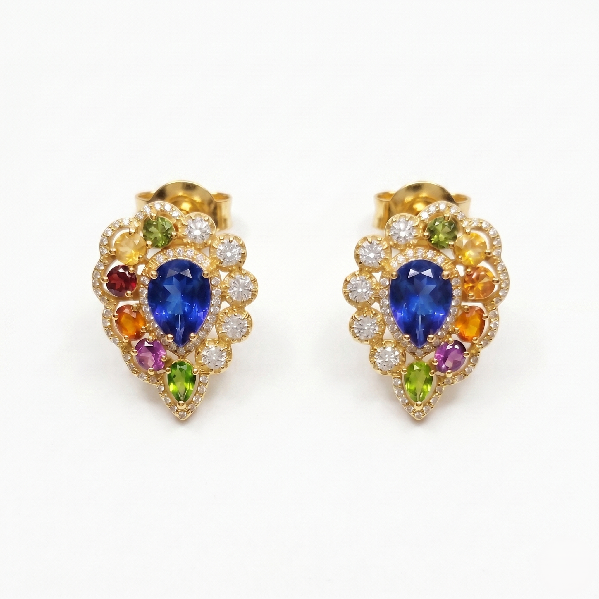 Natural Blue Sapphire & Multi Gemstone Stud Earrings in 925 Sterling Silver | Rainbow Gemstone Halo Earrings | Statement Birthstone Jewelry for Women | Bridal Jewelry