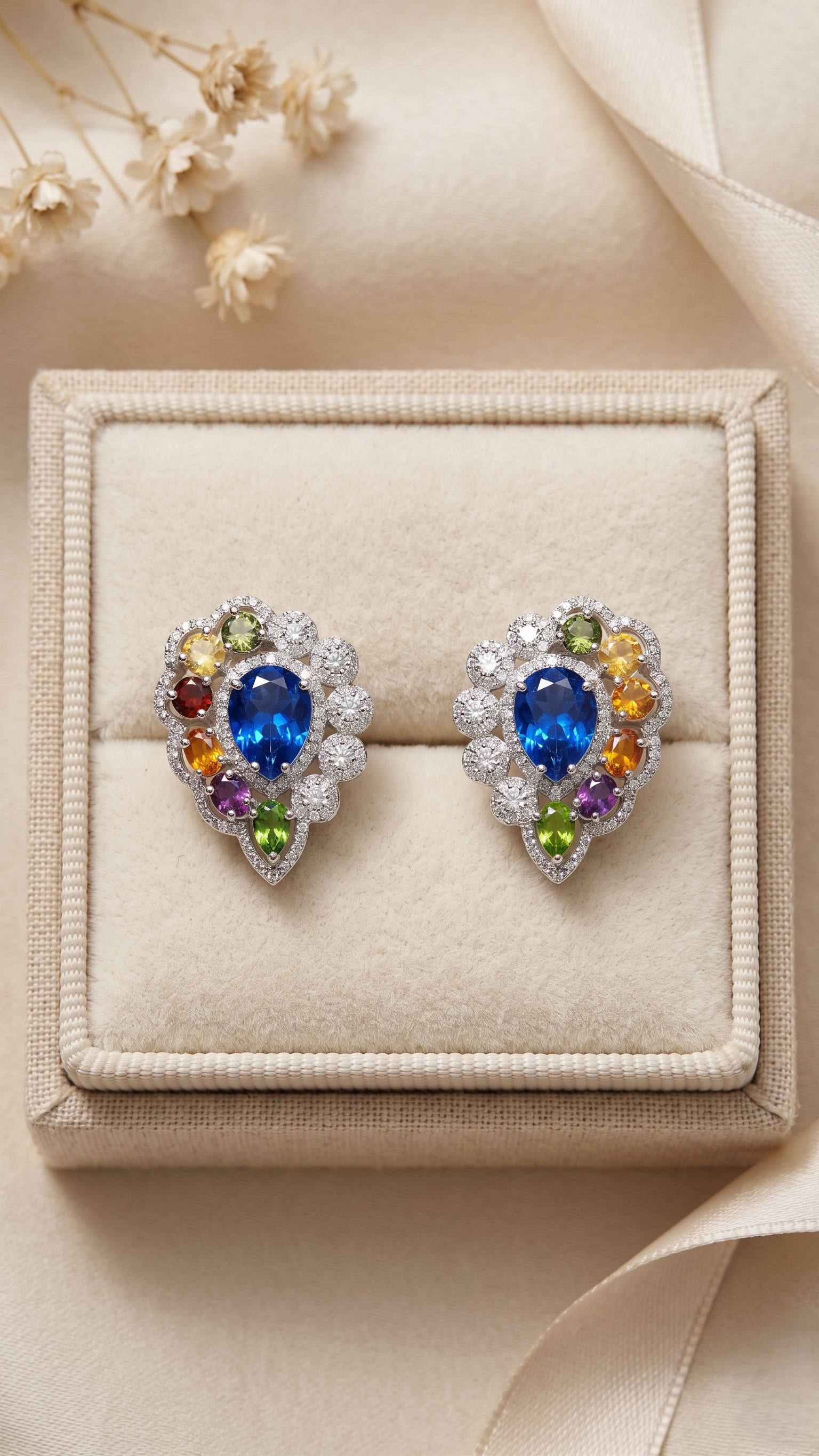 Natural Blue Sapphire & Multi Gemstone Stud Earrings in 925 Sterling Silver | Rainbow Gemstone Halo Earrings | Statement Birthstone Jewelry for Women | Bridal Jewelry