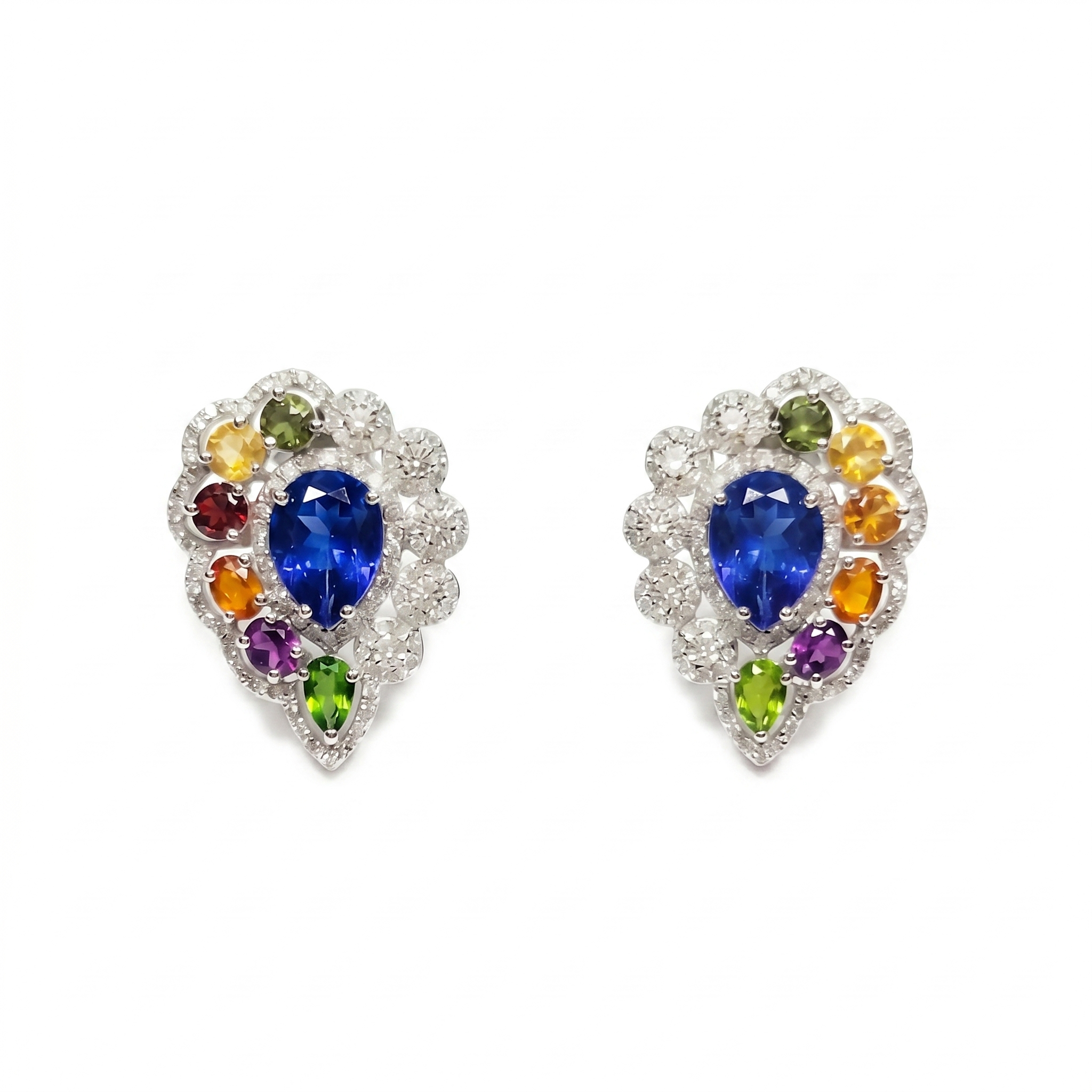 Natural Blue Sapphire & Multi Gemstone Stud Earrings in 925 Sterling Silver | Rainbow Gemstone Halo Earrings | Statement Birthstone Jewelry for Women | Bridal Jewelry