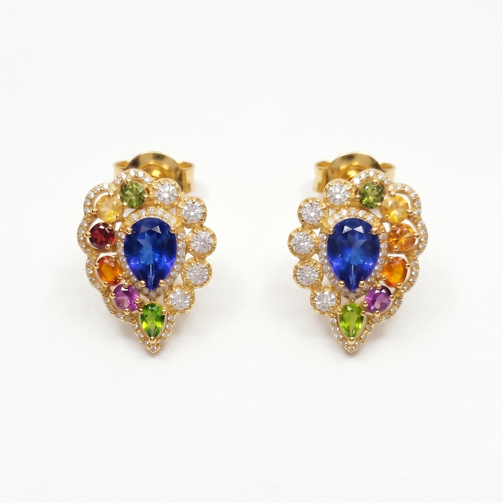 Natural Blue Sapphire & Multi Gemstone Stud Earrings in 925 Sterling Silver | Rainbow Gemstone Halo Earrings | Statement Birthstone Jewelry for Women | Bridal Jewelry