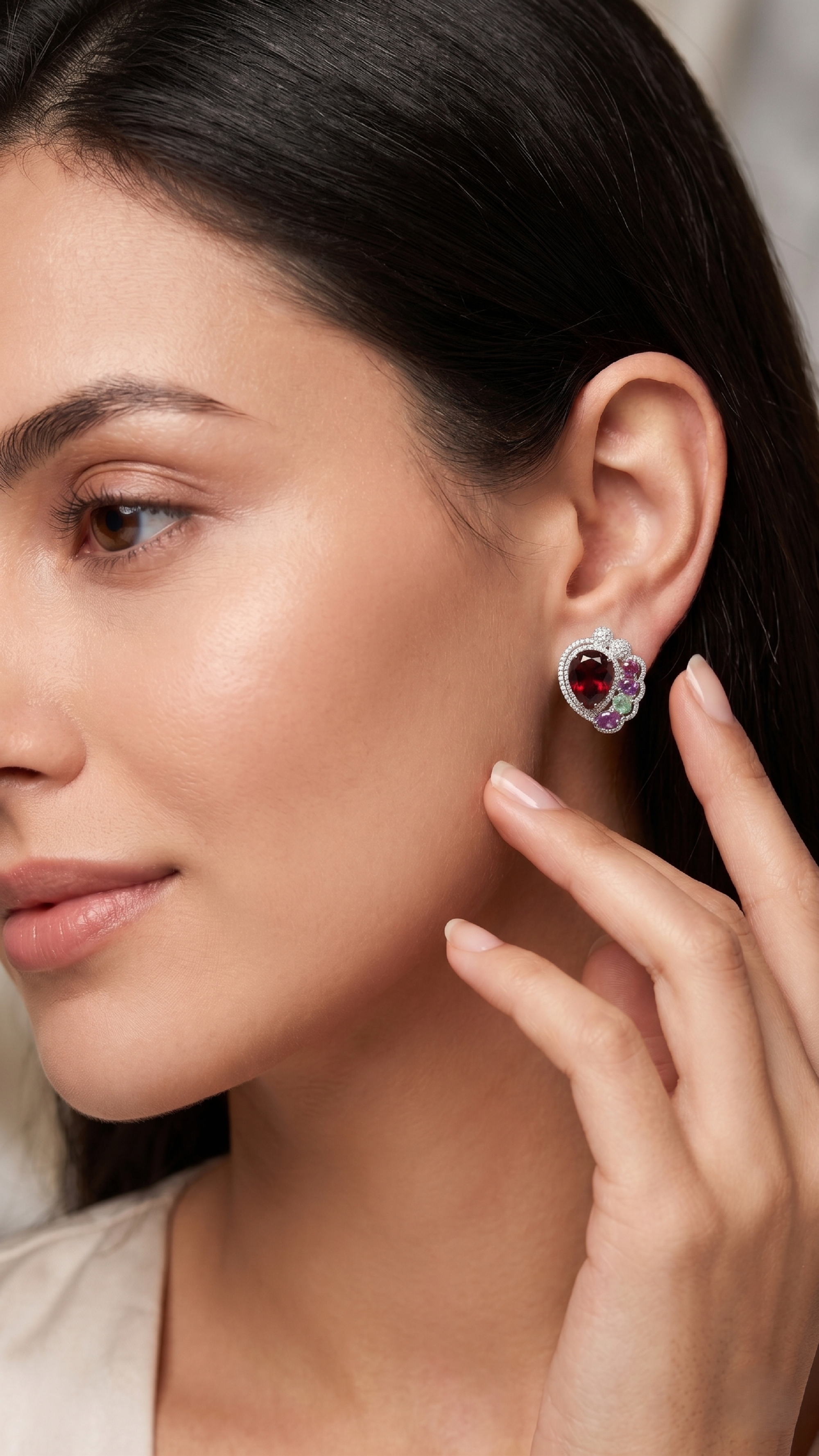 January Birthstone Natural Garnet, Rhodolite Garnet Stud Earrings in 925 Sterling Silver | Vintage Halo Gemstone Earrings | Women's Jewelry
