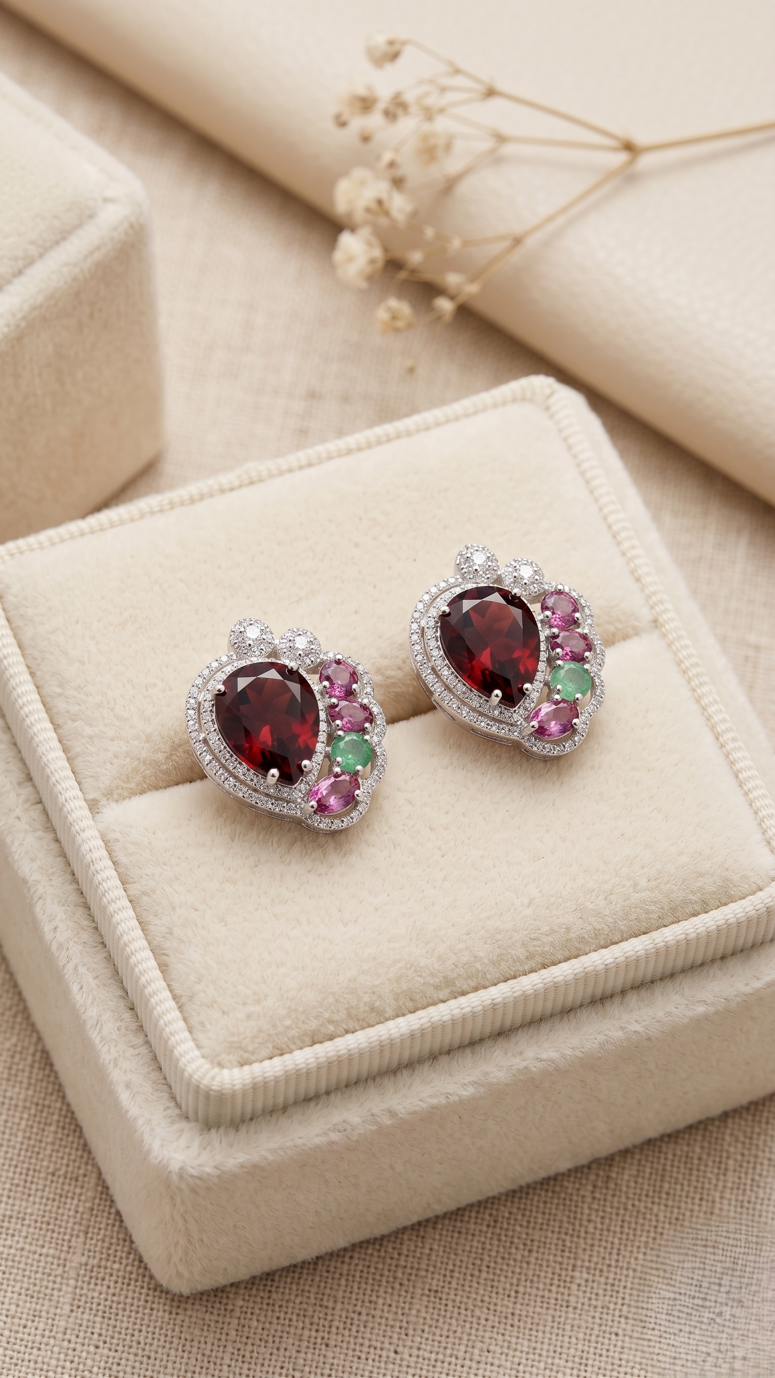 January Birthstone Natural Garnet, Rhodolite Garnet Stud Earrings in 925 Sterling Silver | Vintage Halo Gemstone Earrings | Women's Jewelry
