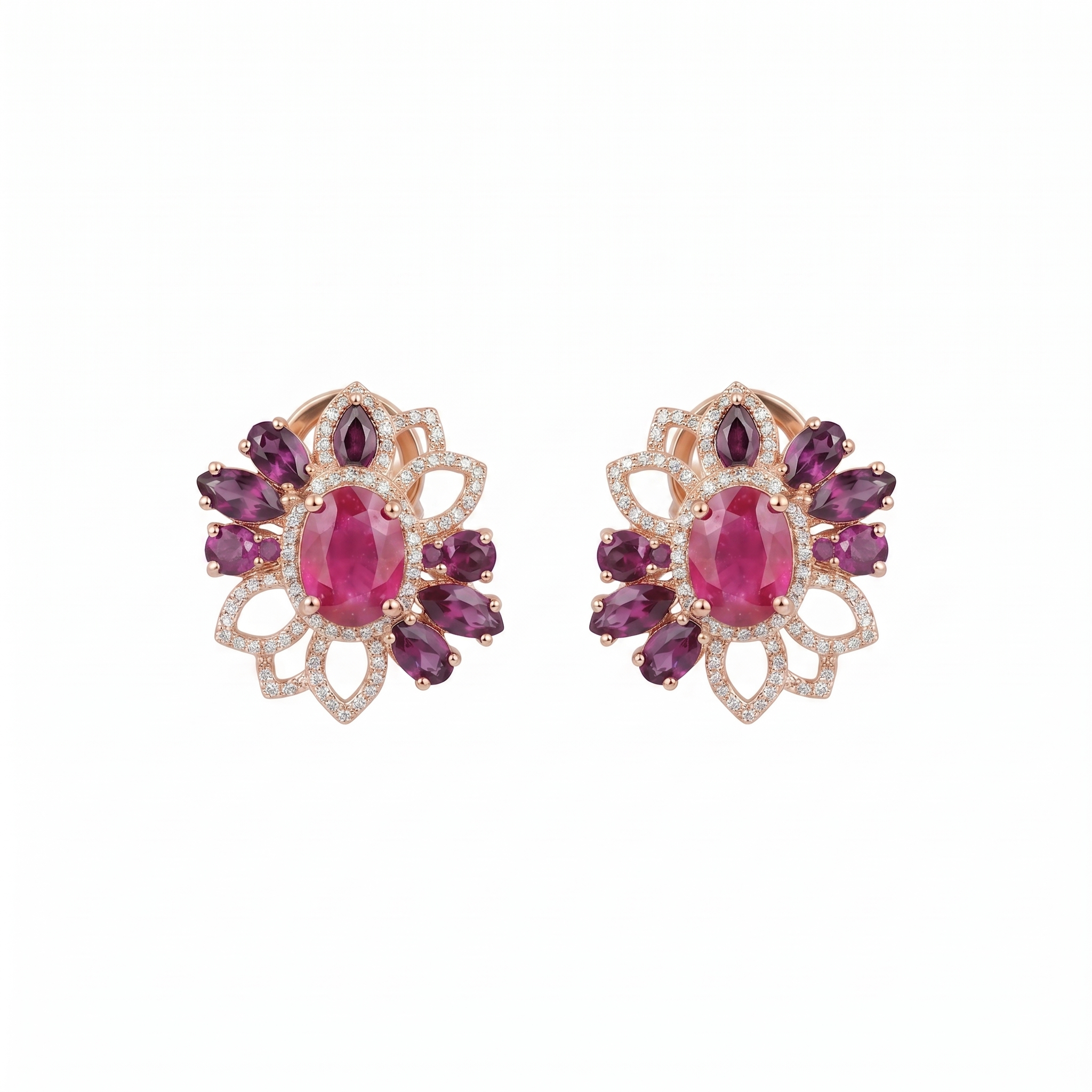 Natural Ruby & Rhodolite Garnet Floral Stud Earrings in 925 Sterling Silver | Vintage Flower Gemstone Earrings | July Birthstone Jewelry for Women | Women's Jewelry