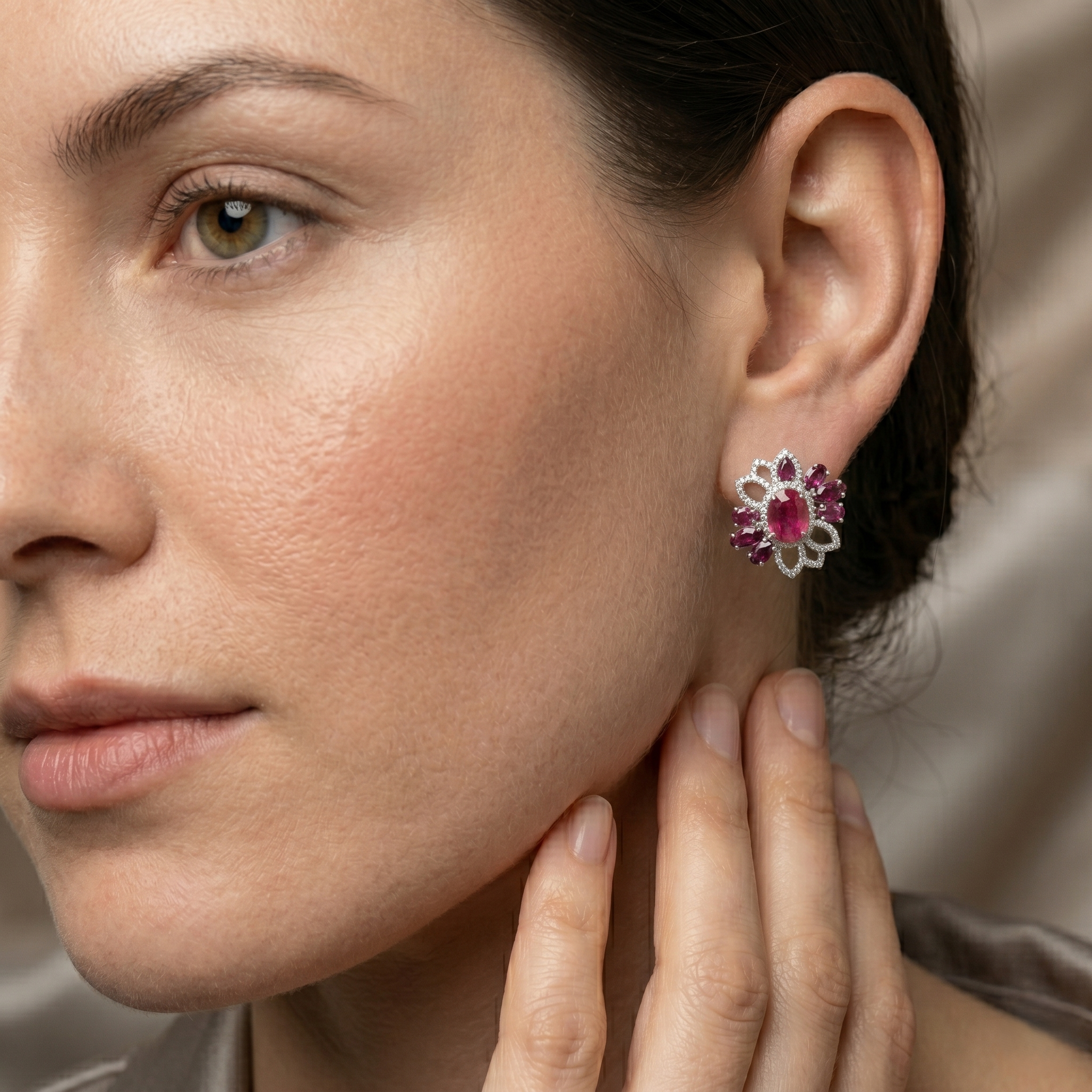 Natural Ruby & Rhodolite Garnet Floral Stud Earrings in 925 Sterling Silver | Vintage Flower Gemstone Earrings | July Birthstone Jewelry for Women | Women's Jewelry
