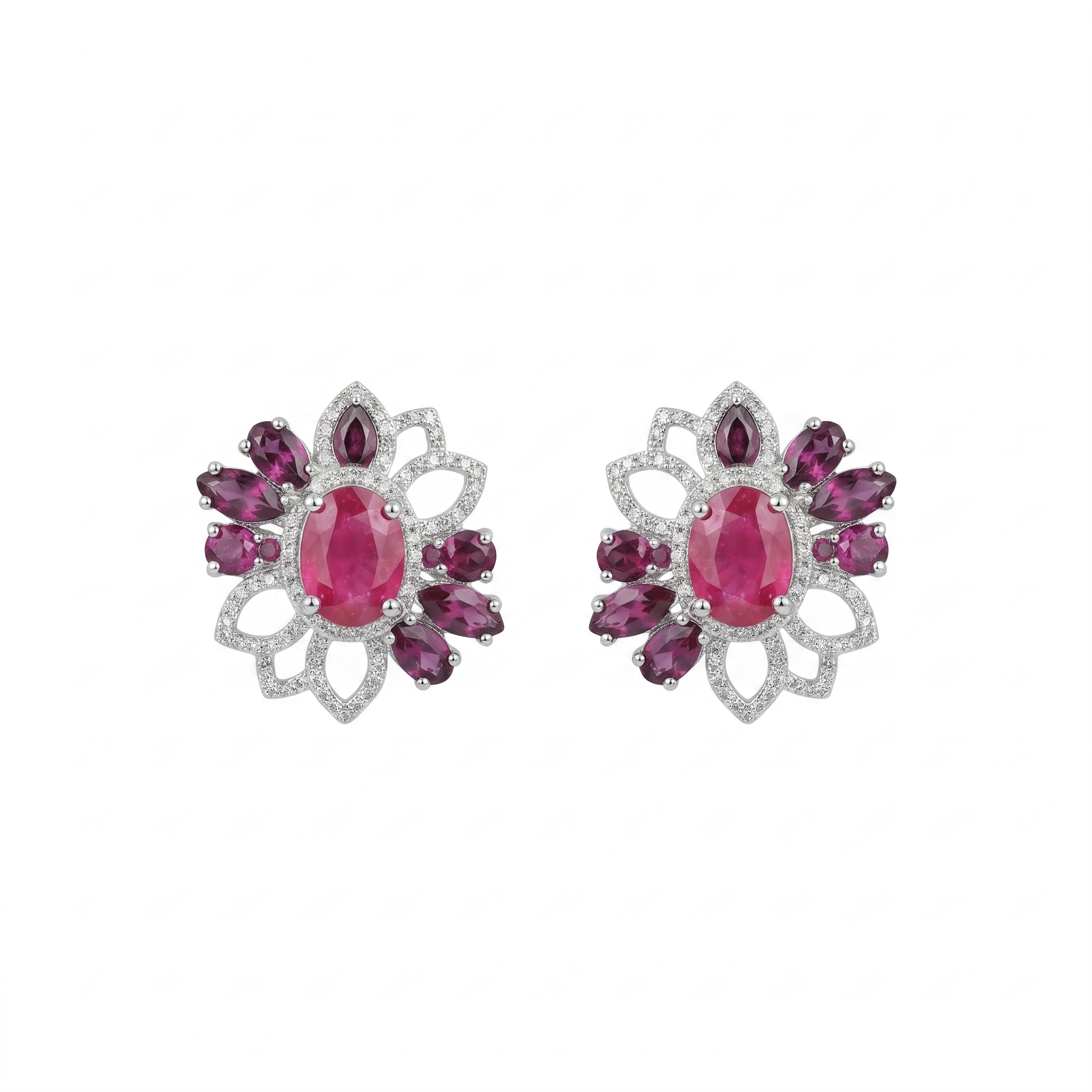 Natural Ruby & Rhodolite Garnet Floral Stud Earrings in 925 Sterling Silver | Vintage Flower Gemstone Earrings | July Birthstone Jewelry for Women | Women's Jewelry