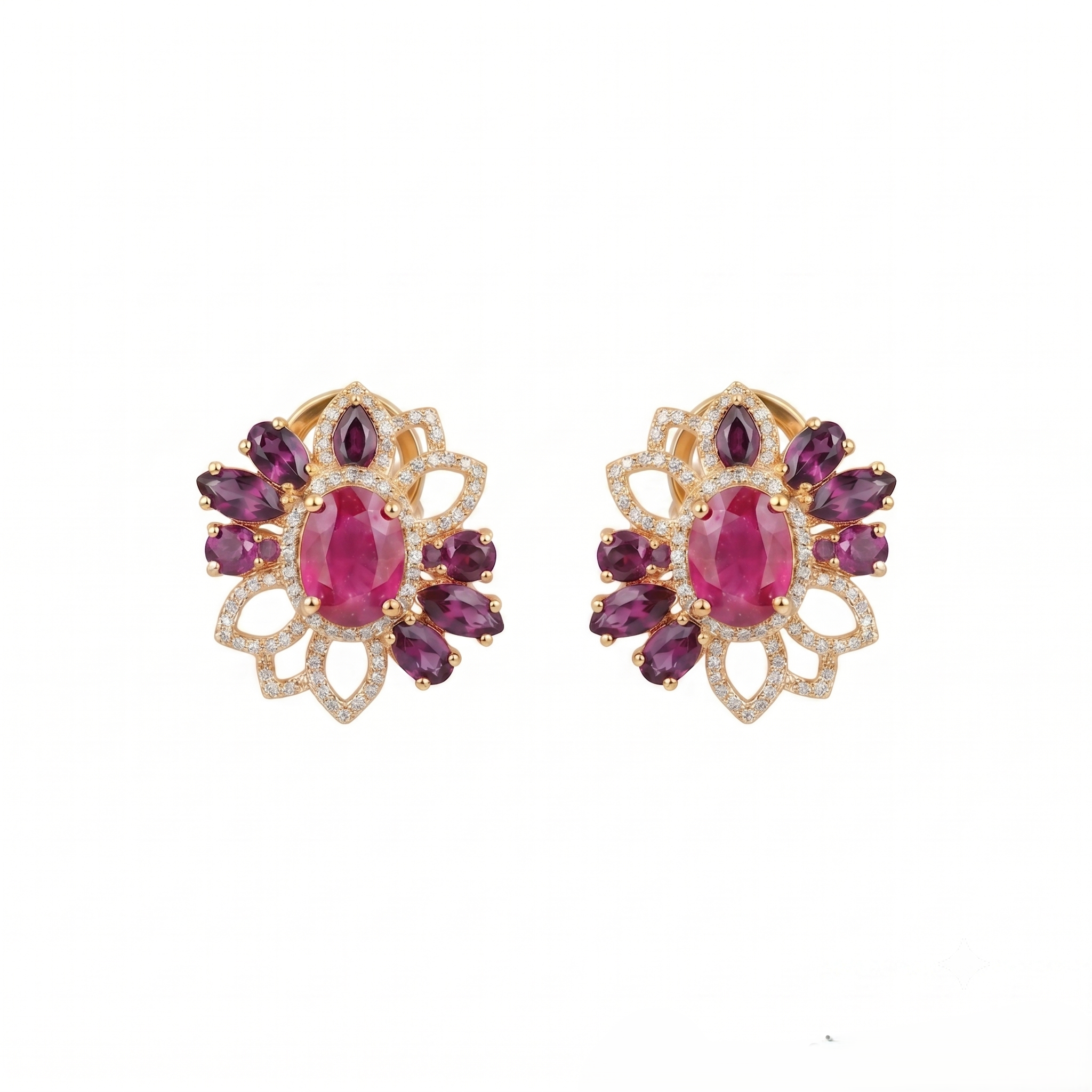 Natural Ruby & Rhodolite Garnet Floral Stud Earrings in 925 Sterling Silver | Vintage Flower Gemstone Earrings | July Birthstone Jewelry for Women | Women's Jewelry