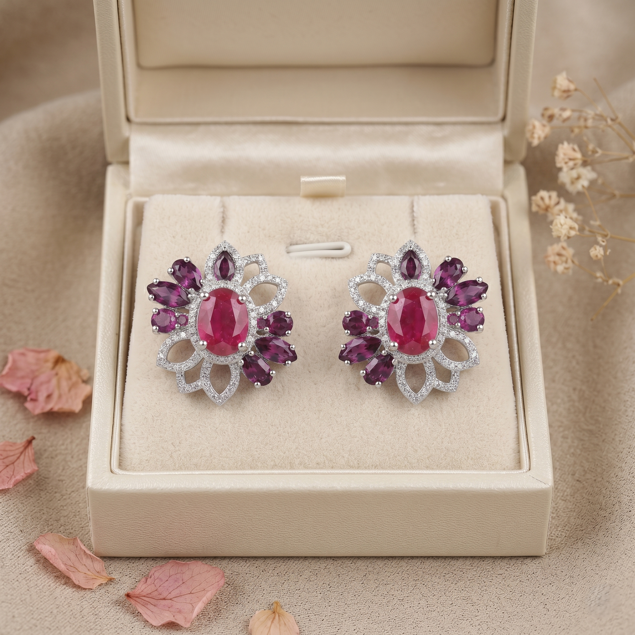Natural Ruby & Rhodolite Garnet Floral Stud Earrings in 925 Sterling Silver | Vintage Flower Gemstone Earrings | July Birthstone Jewelry for Women | Women's Jewelry