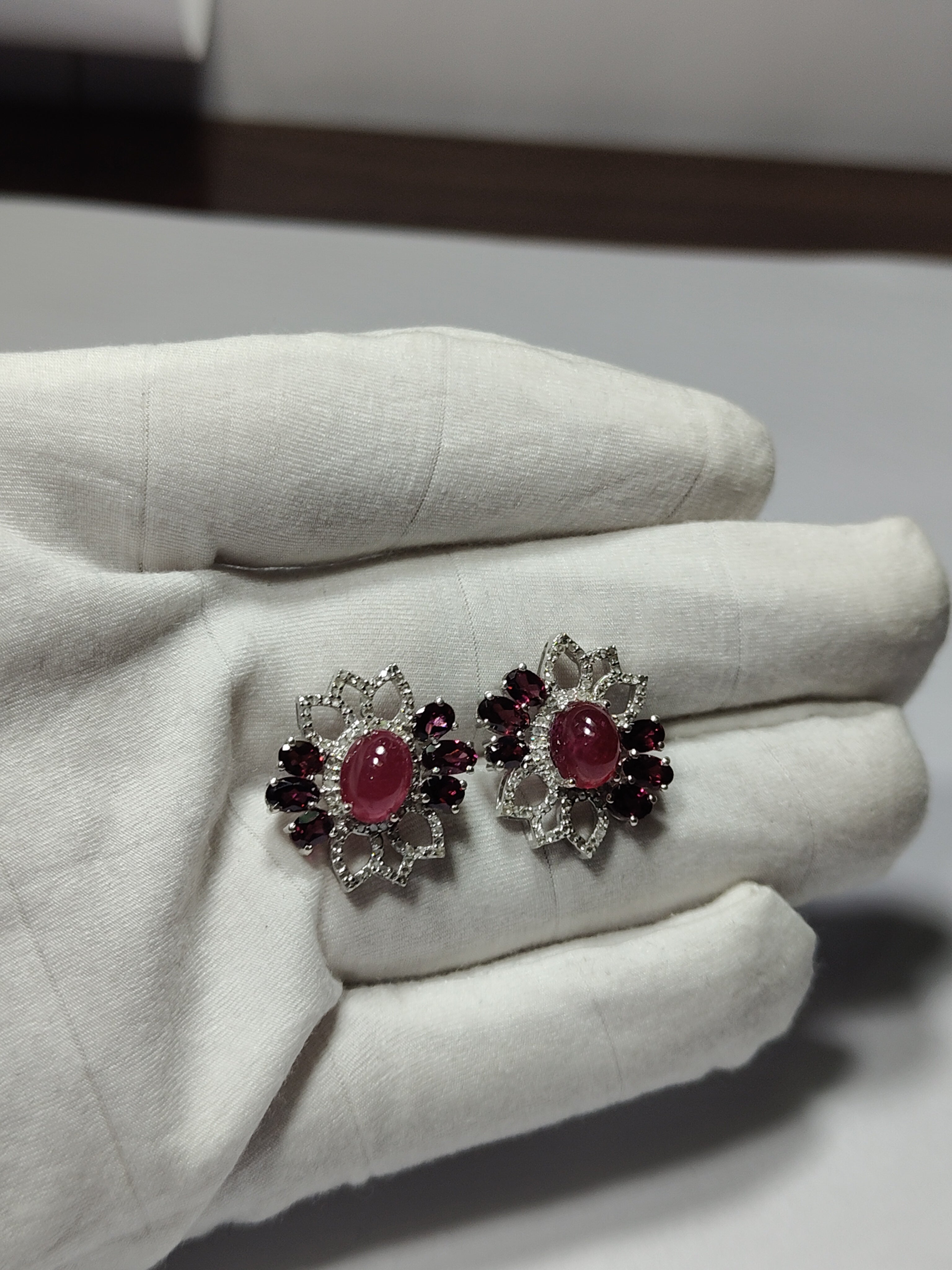 Natural Ruby & Rhodolite Garnet Floral Stud Earrings in 925 Sterling Silver | Vintage Flower Gemstone Earrings | July Birthstone Jewelry for Women | Women's Jewelry