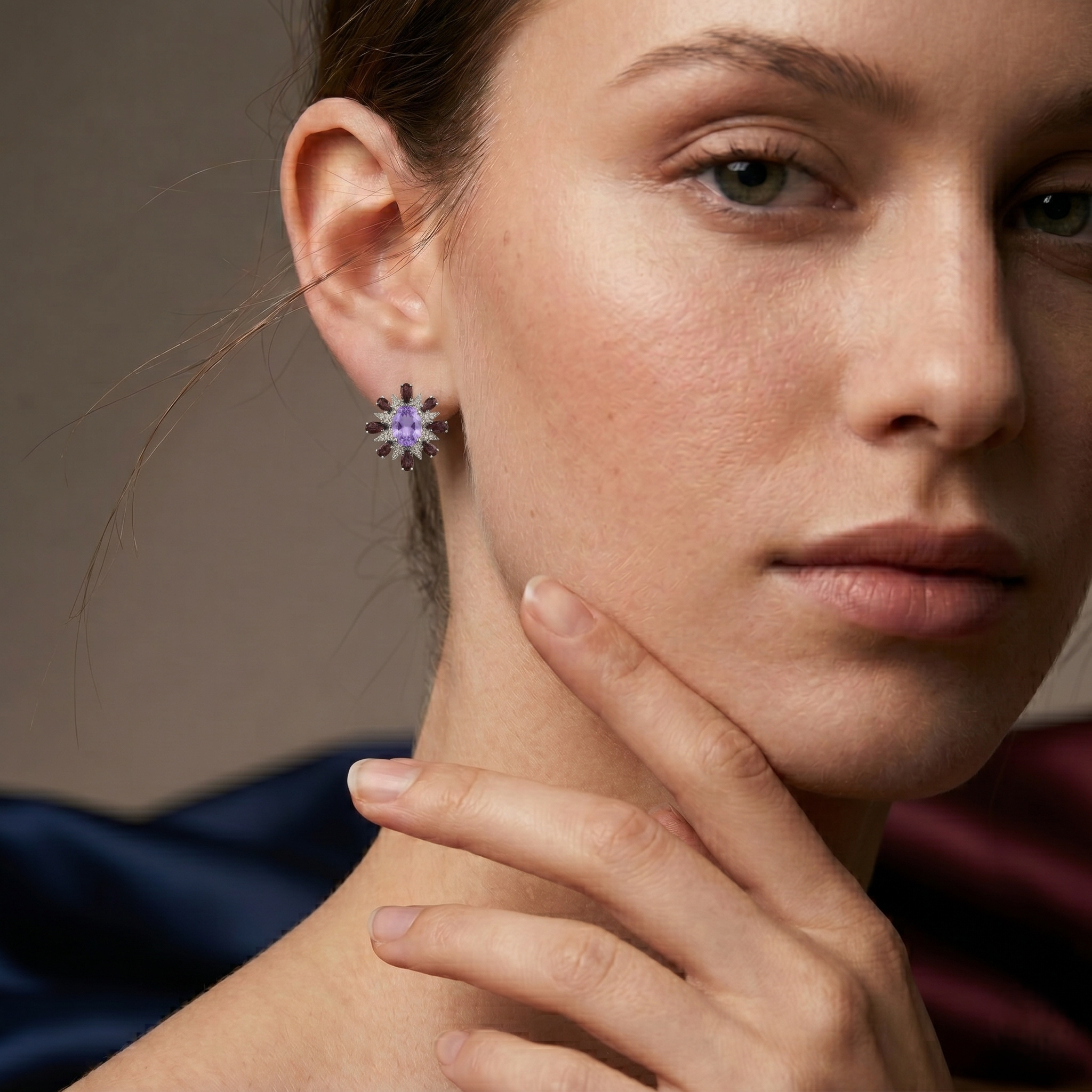 925 Silver Natural Amethyst Garnet Stud Earrings Rose Gold Plated Floral Sunburst Gemstone Earrings for Women Healing Crystal Jewelry Gift for Her, Vintage Statement Natural Stone Earrings Birthday Anniversary Wedding Jewelry