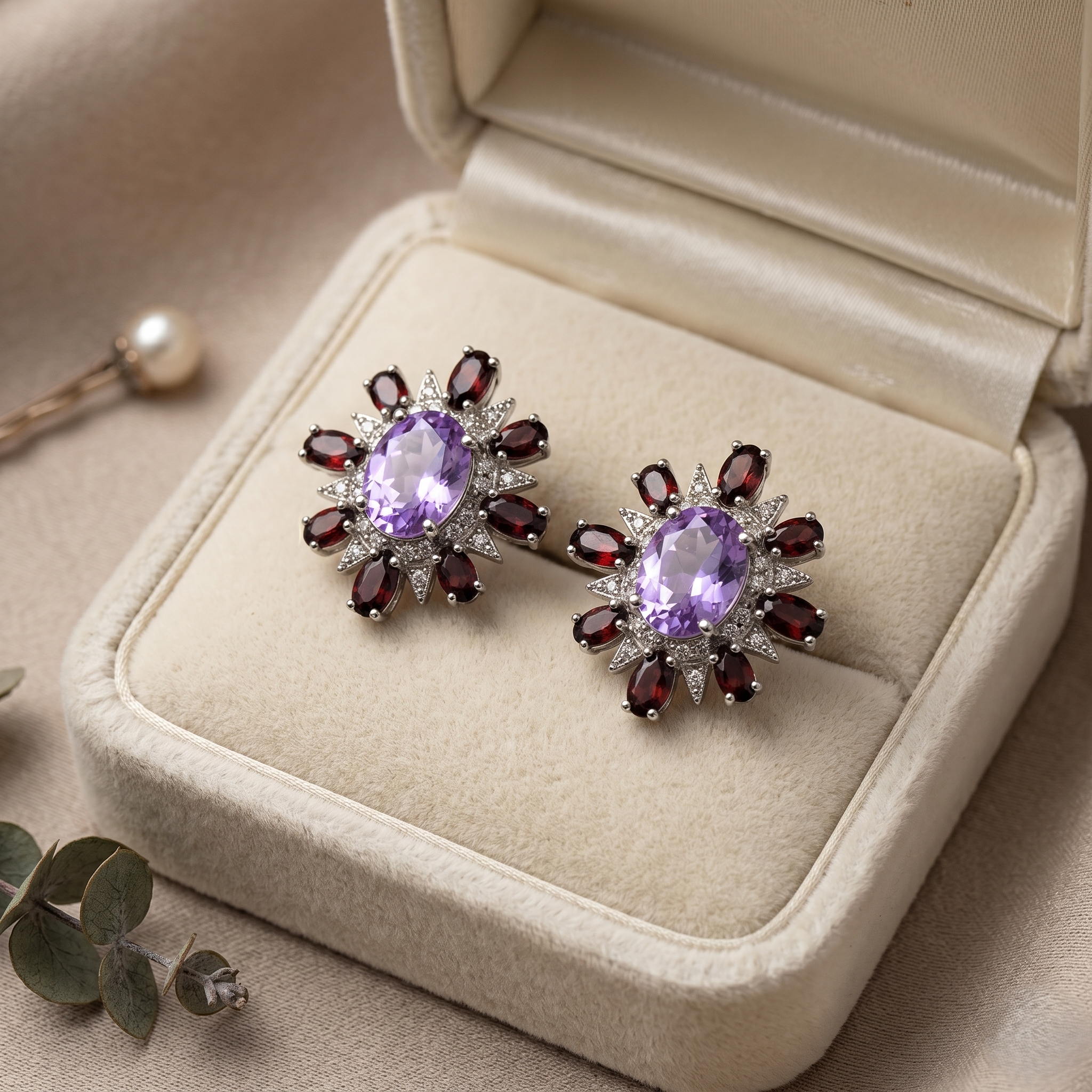 925 Silver Natural Amethyst Garnet Stud Earrings Rose Gold Plated Floral Sunburst Gemstone Earrings for Women Healing Crystal Jewelry Gift for Her, Vintage Statement Natural Stone Earrings Birthday Anniversary Wedding Jewelry