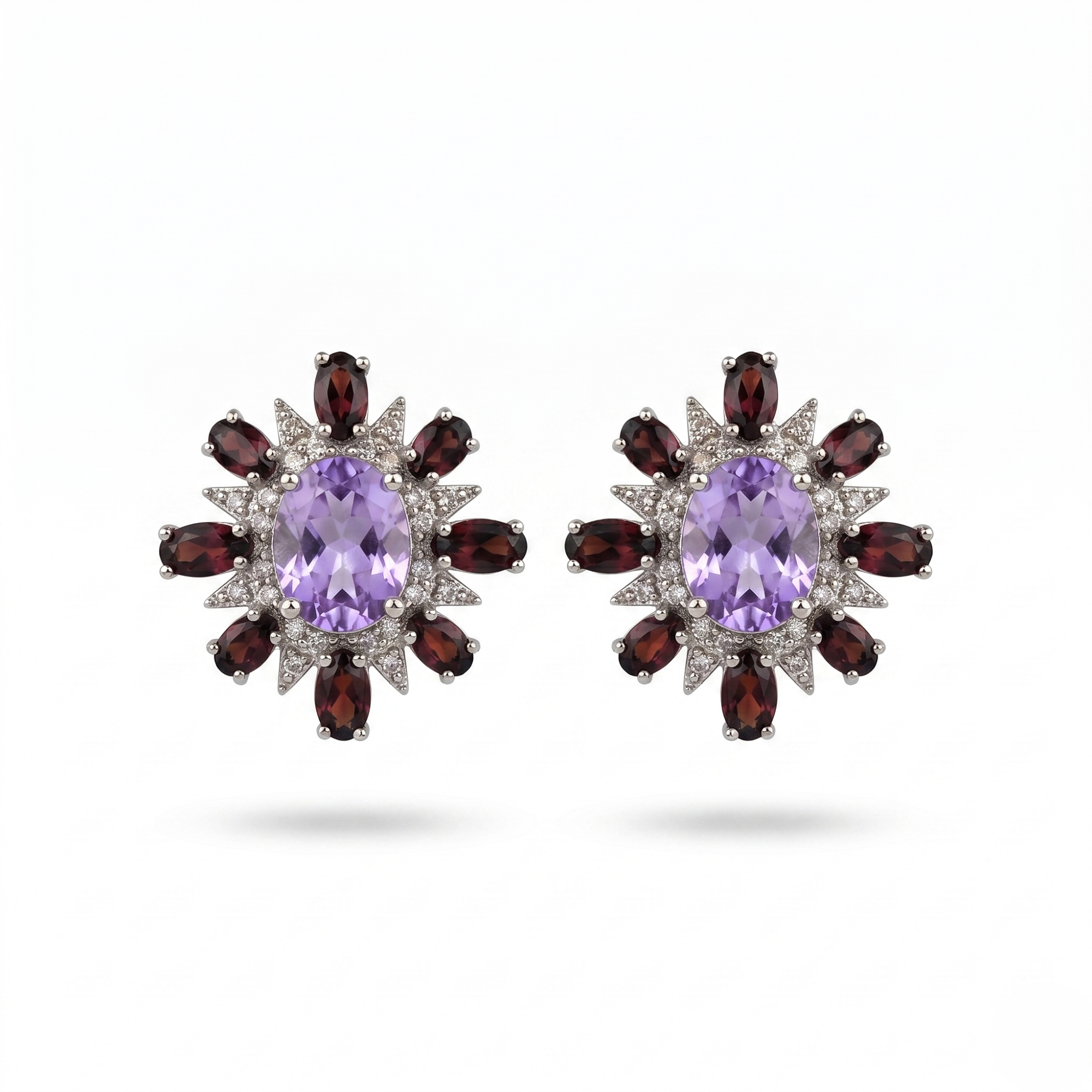 925 Silver Natural Amethyst Garnet Stud Earrings Rose Gold Plated Floral Sunburst Gemstone Earrings for Women Healing Crystal Jewelry Gift for Her, Vintage Statement Natural Stone Earrings Birthday Anniversary Wedding Jewelry