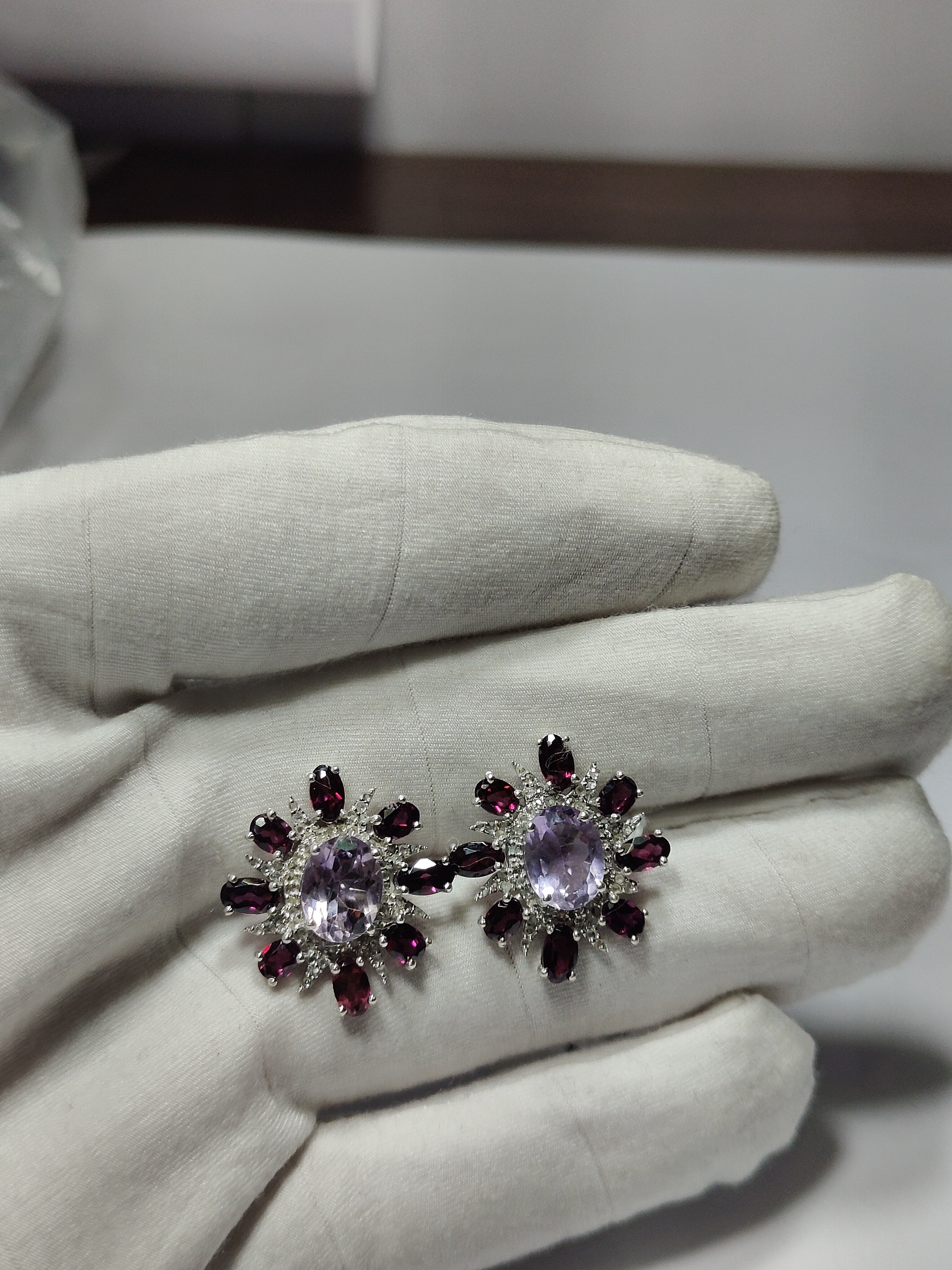 925 Silver Natural Amethyst Garnet Stud Earrings Rose Gold Plated Floral Sunburst Gemstone Earrings for Women Healing Crystal Jewelry Gift for Her, Vintage Statement Natural Stone Earrings Birthday Anniversary Wedding Jewelry