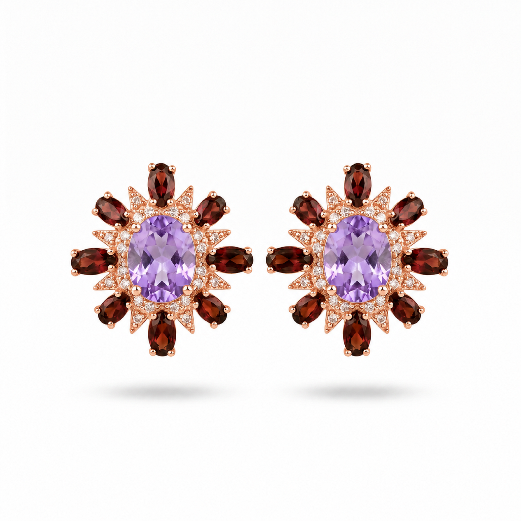 925 Silver Natural Amethyst Garnet Stud Earrings Rose Gold Plated Floral Sunburst Gemstone Earrings for Women Healing Crystal Jewelry Gift for Her, Vintage Statement Natural Stone Earrings Birthday Anniversary Wedding Jewelry