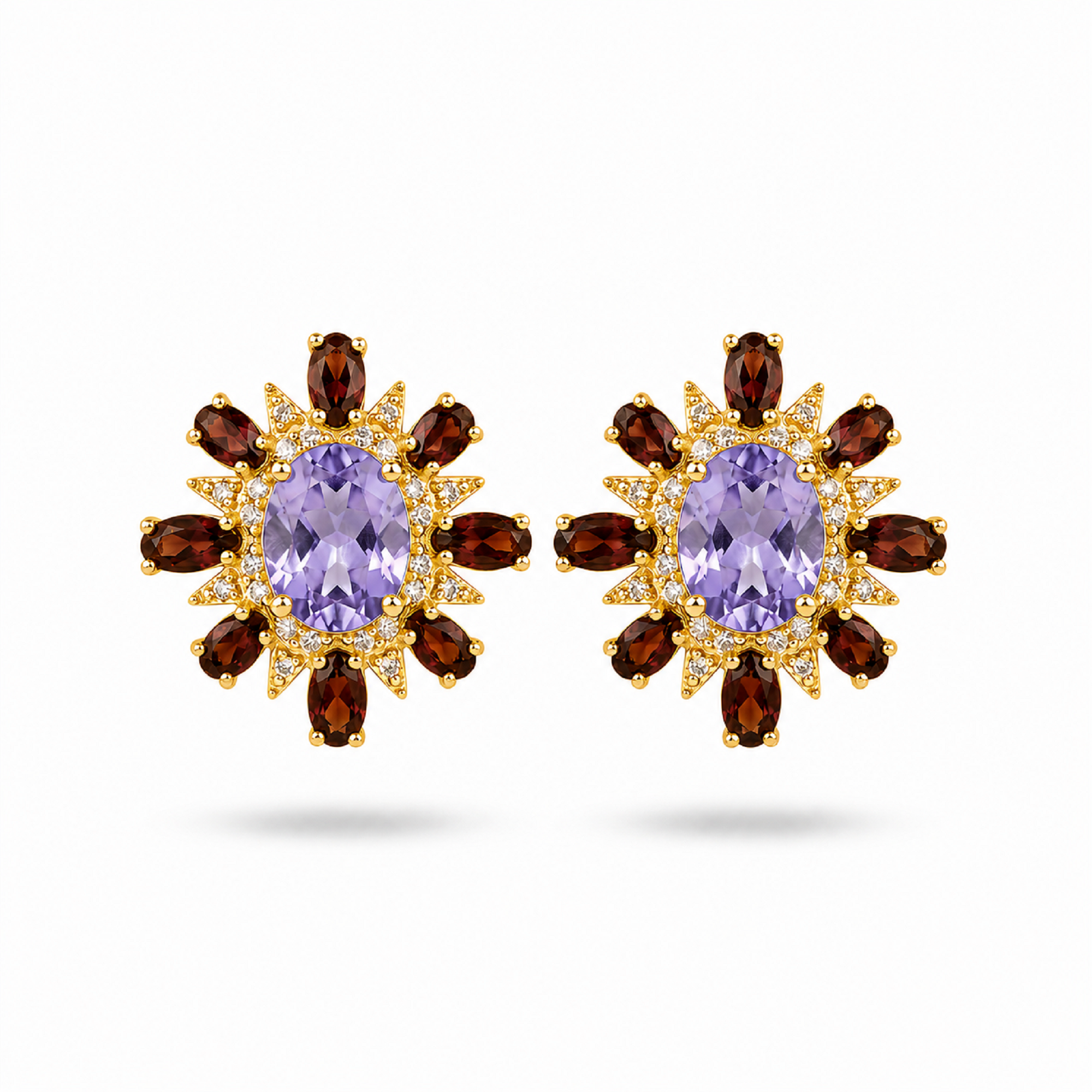 925 Silver Natural Amethyst Garnet Stud Earrings Rose Gold Plated Floral Sunburst Gemstone Earrings for Women Healing Crystal Jewelry Gift for Her, Vintage Statement Natural Stone Earrings Birthday Anniversary Wedding Jewelry