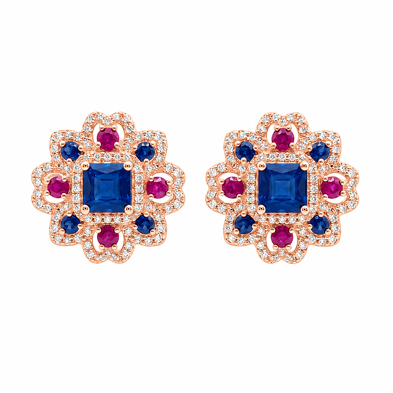 Halo Flower Earrings, Natural Blue Sapphire & Ruby Floral Stud Earrings in 925 Sterling Silver Rose Gold Plated, Vintage Luxury Statement Jewelry Gift for Women