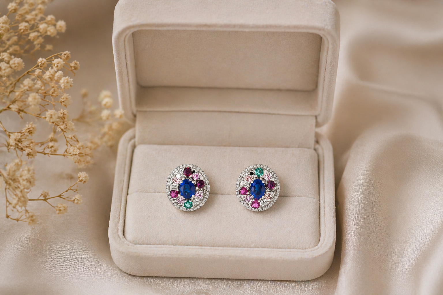 Halo Earrings, Natural Blue Sapphire & Multi-Gemstone Stud Earrings | 925 Sterling Silver Gold Plated | Luxury Statement Jewelry for Women
