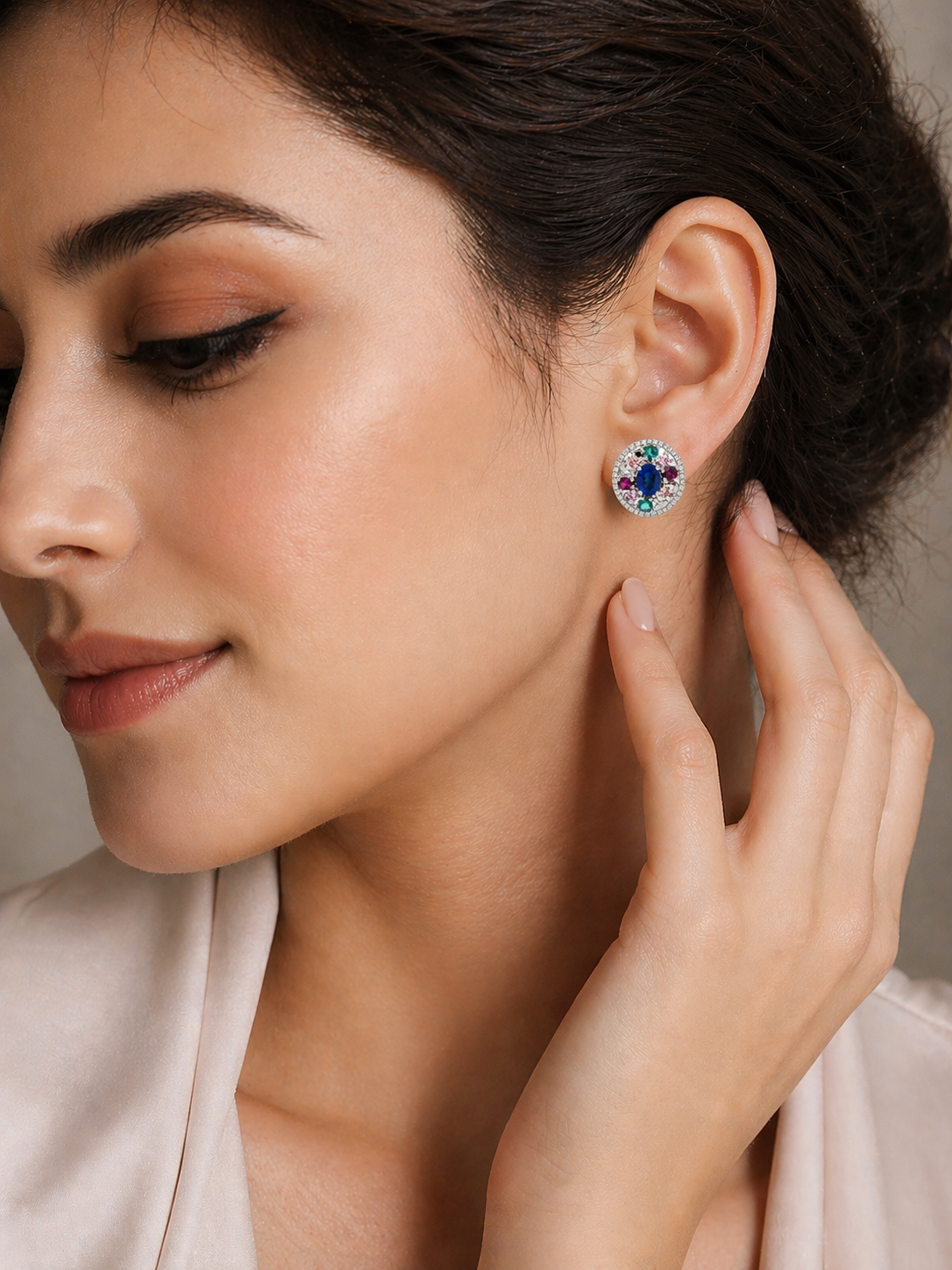 Halo Earrings, Natural Blue Sapphire & Multi-Gemstone Stud Earrings | 925 Sterling Silver Gold Plated | Luxury Statement Jewelry for Women