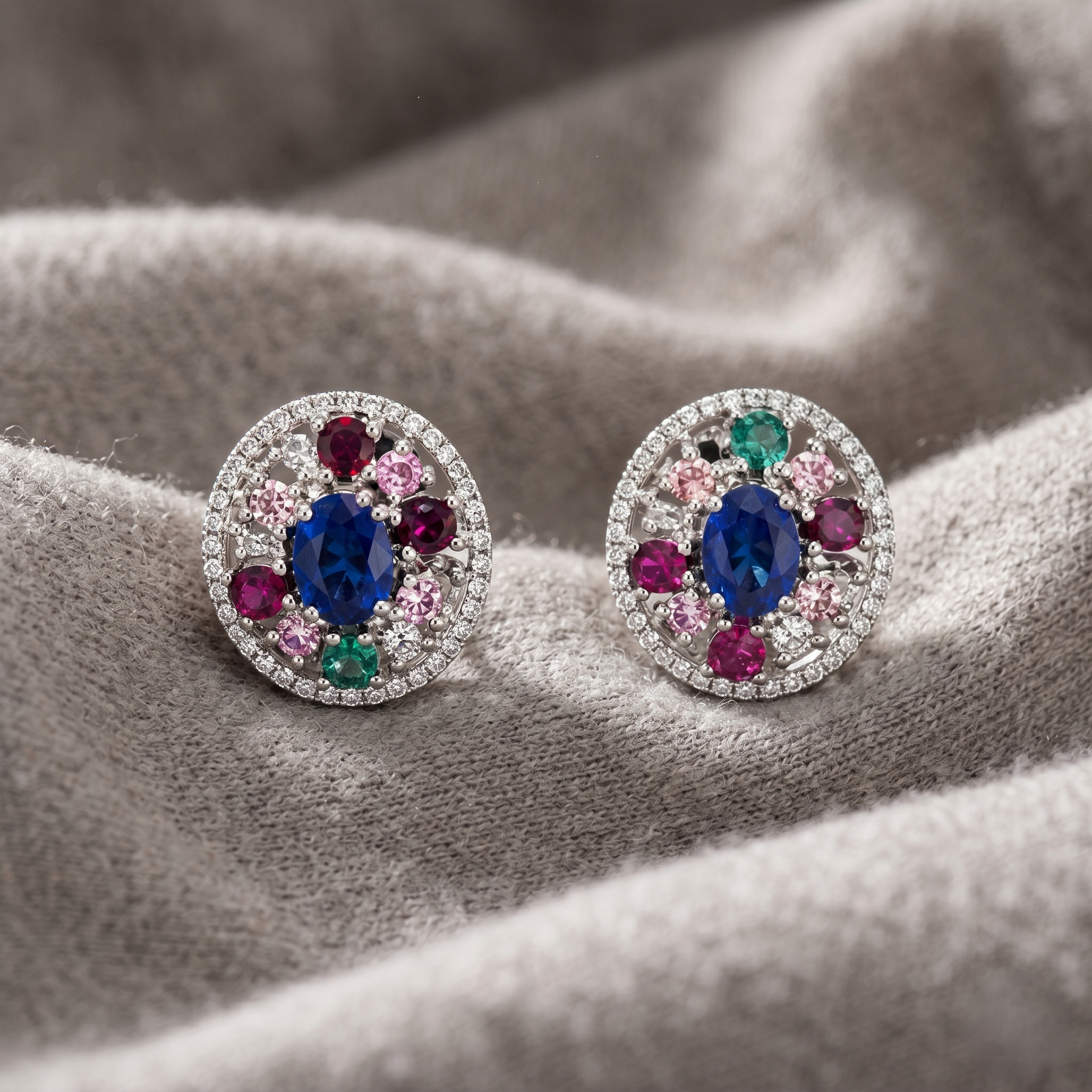 Halo Earrings, Natural Blue Sapphire & Multi-Gemstone Stud Earrings | 925 Sterling Silver Gold Plated | Luxury Statement Jewelry for Women