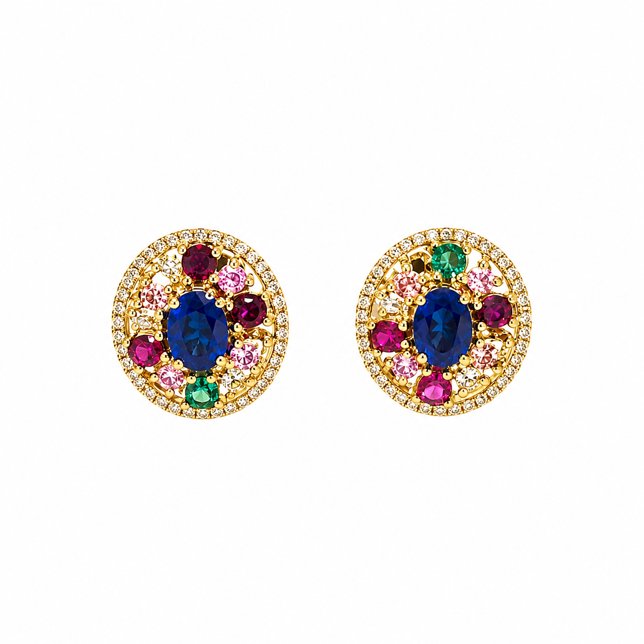 Halo Earrings, Natural Blue Sapphire & Multi-Gemstone Stud Earrings | 925 Sterling Silver Gold Plated | Luxury Statement Jewelry for Women