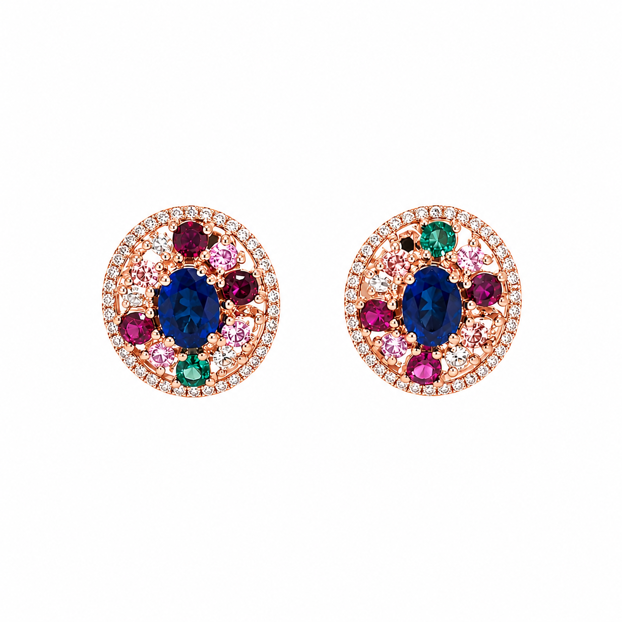 Halo Earrings, Natural Blue Sapphire & Multi-Gemstone Stud Earrings | 925 Sterling Silver Gold Plated | Luxury Statement Jewelry for Women
