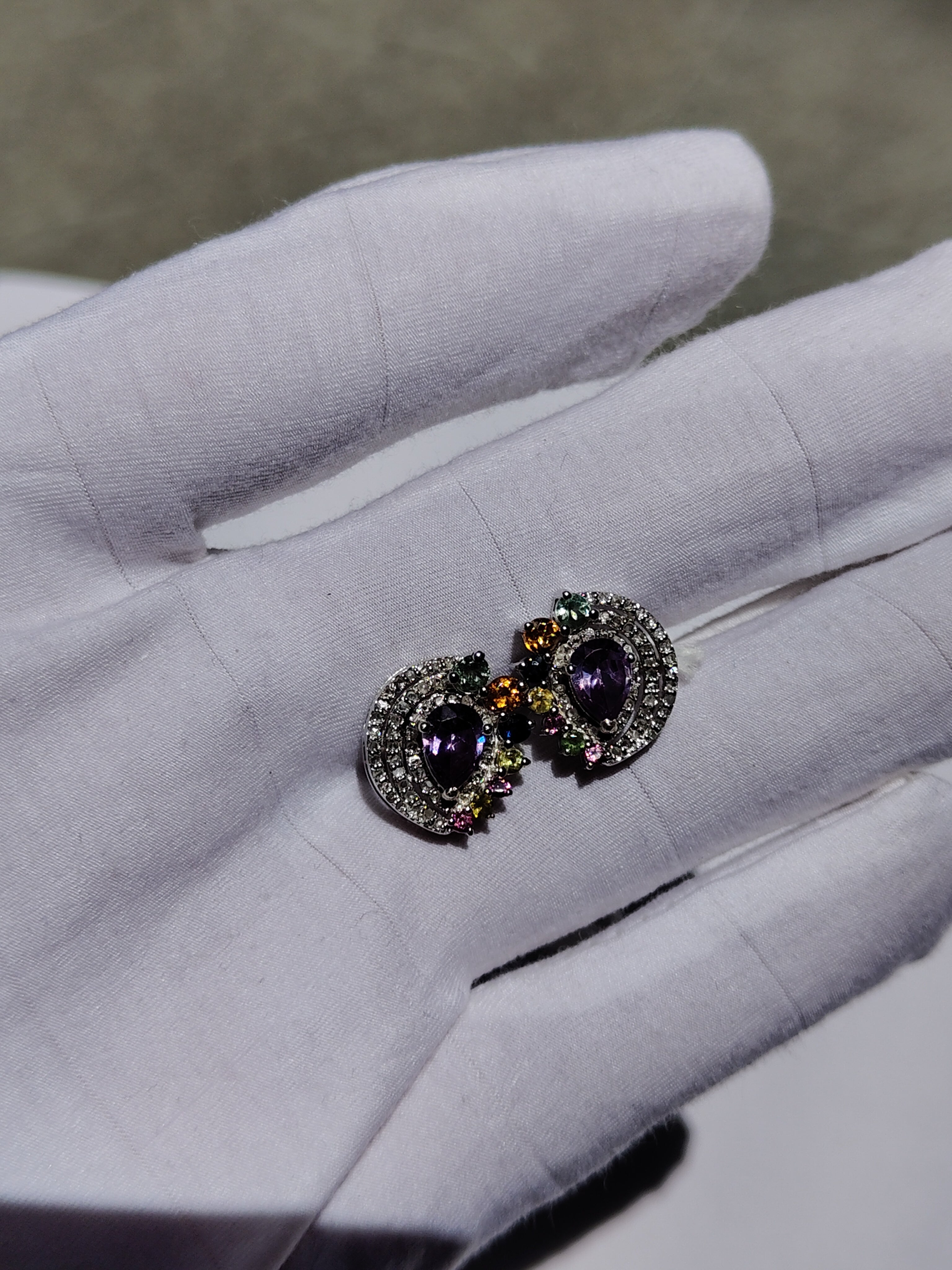 Purple Natural Amethyst & Multi Gemstone Stud Earrings for Women | 925 Sterling Silver Gold Plated | Pear Cut Gemstone Halo Earrings | Romantic Earrings