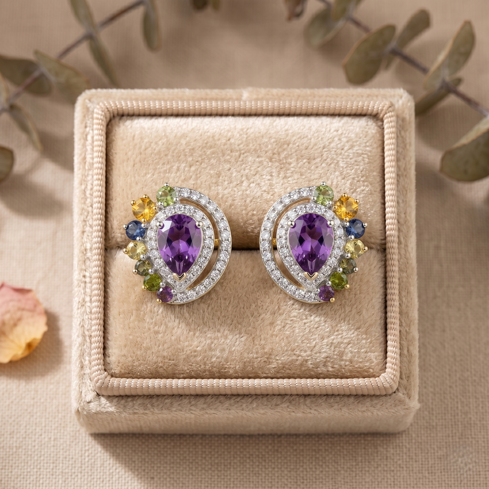 Purple Natural Amethyst & Multi Gemstone Stud Earrings for Women | 925 Sterling Silver Gold Plated | Pear Cut Gemstone Halo Earrings | Romantic Earrings