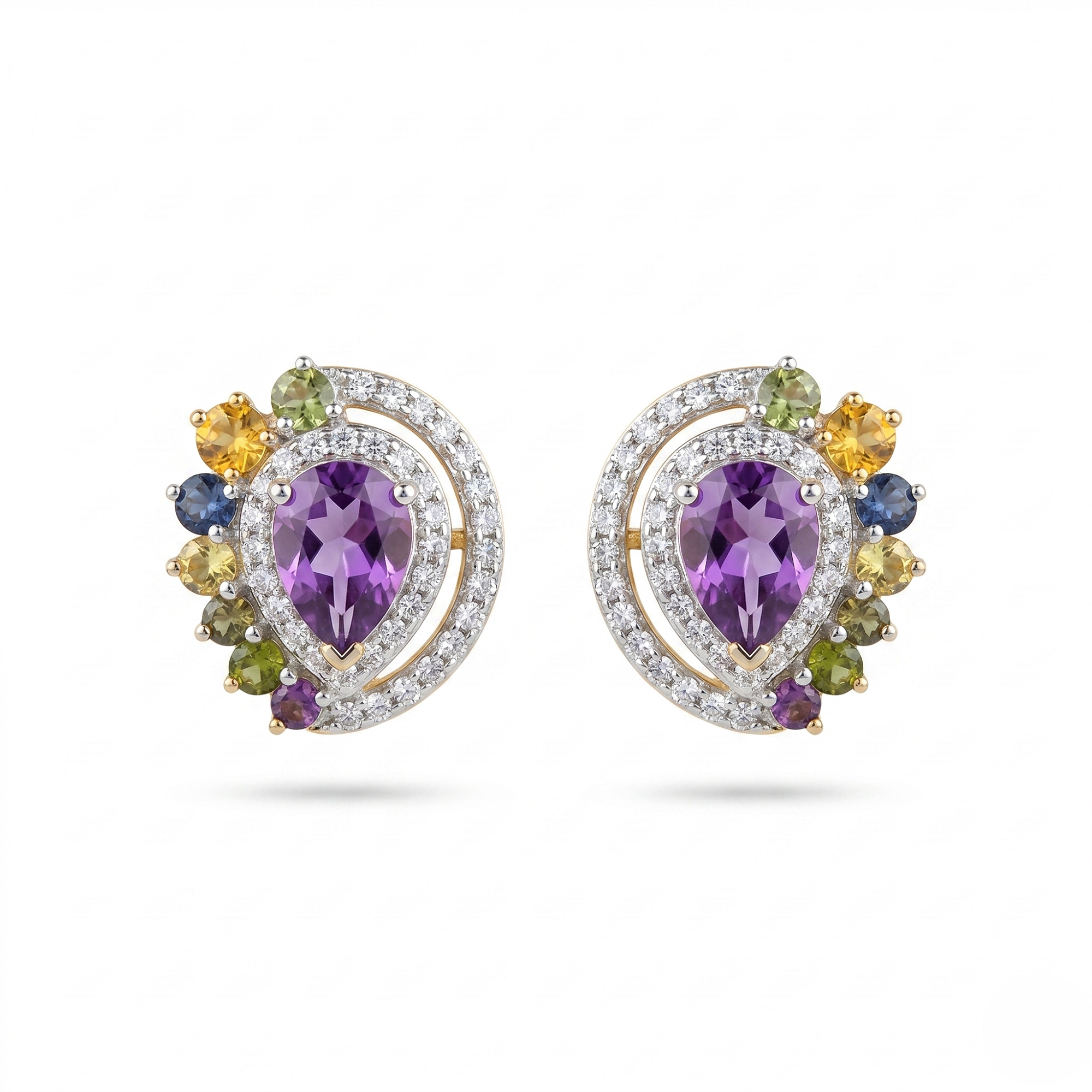 Purple Natural Amethyst & Multi Gemstone Stud Earrings for Women | 925 Sterling Silver Gold Plated | Pear Cut Gemstone Halo Earrings | Romantic Earrings