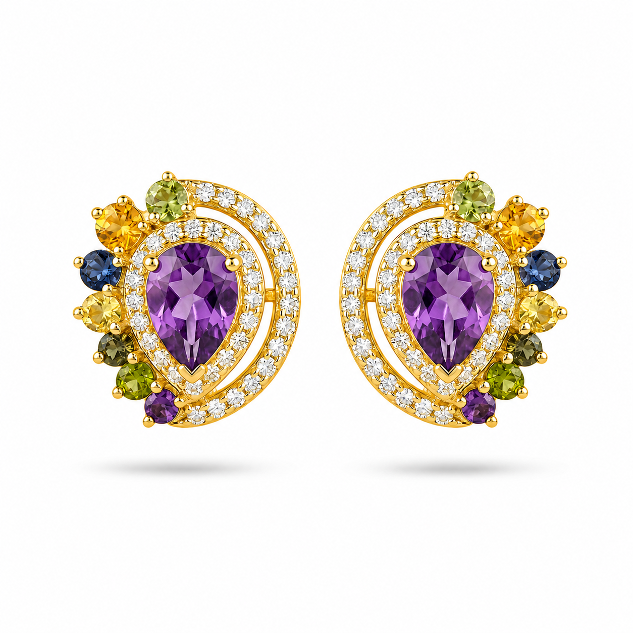 Purple Natural Amethyst & Multi Gemstone Stud Earrings for Women | 925 Sterling Silver Gold Plated | Pear Cut Gemstone Halo Earrings | Romantic Earrings