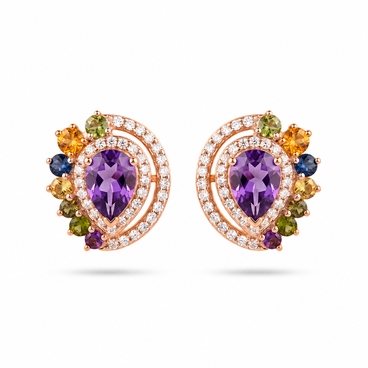 Purple Natural Amethyst & Multi Gemstone Stud Earrings for Women | 925 Sterling Silver Gold Plated | Pear Cut Gemstone Halo Earrings | Romantic Earrings