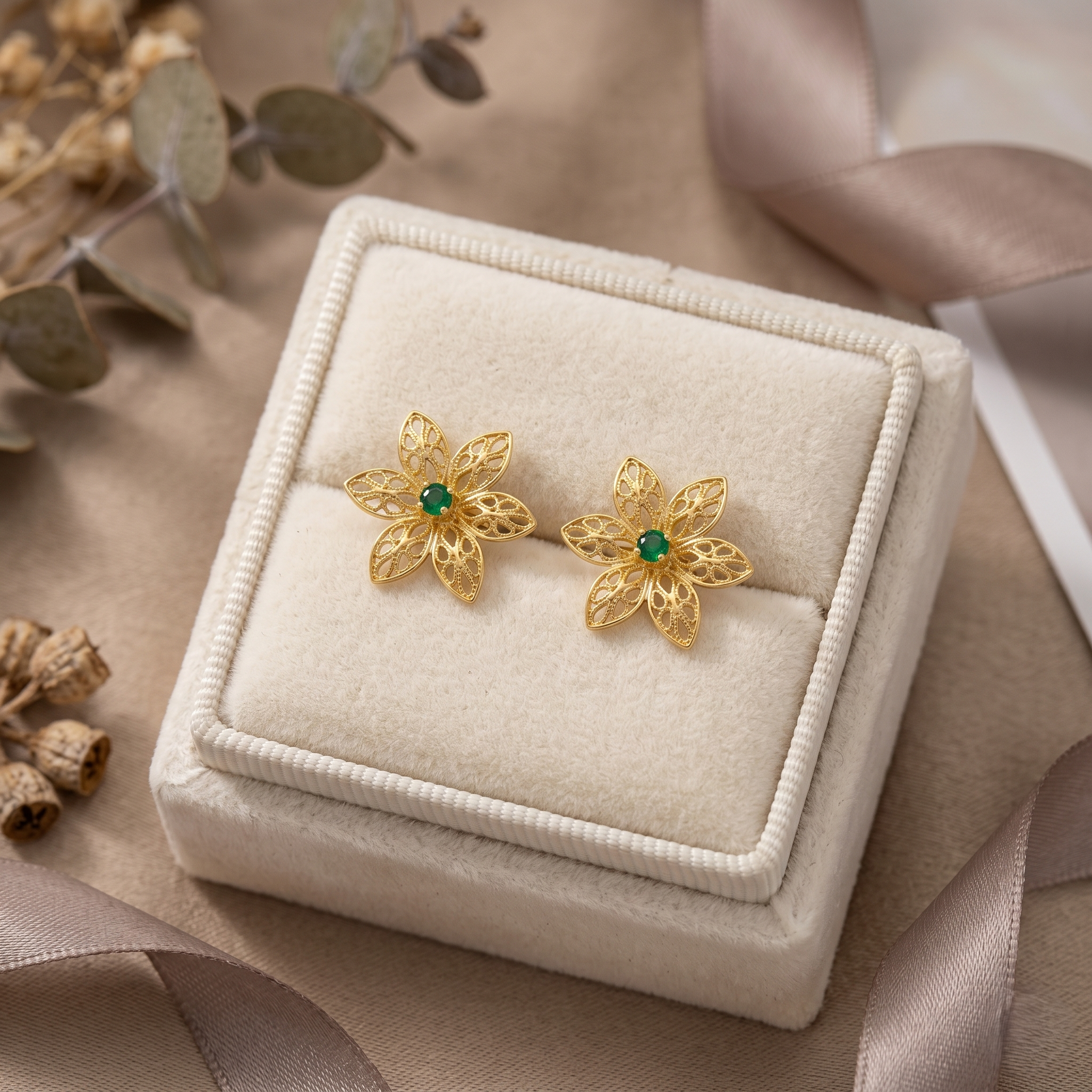 Emerald Flower Stud Earrings for Women 925 Sterling Silver Gold Plated Handmade Floral Filigree Earrings Green Gemstone Jewelry Gift for Her Everyday Wear Luxury Designer Earrings, Natural Emerald Gemstone Stud Earrings, Romantic jewelry